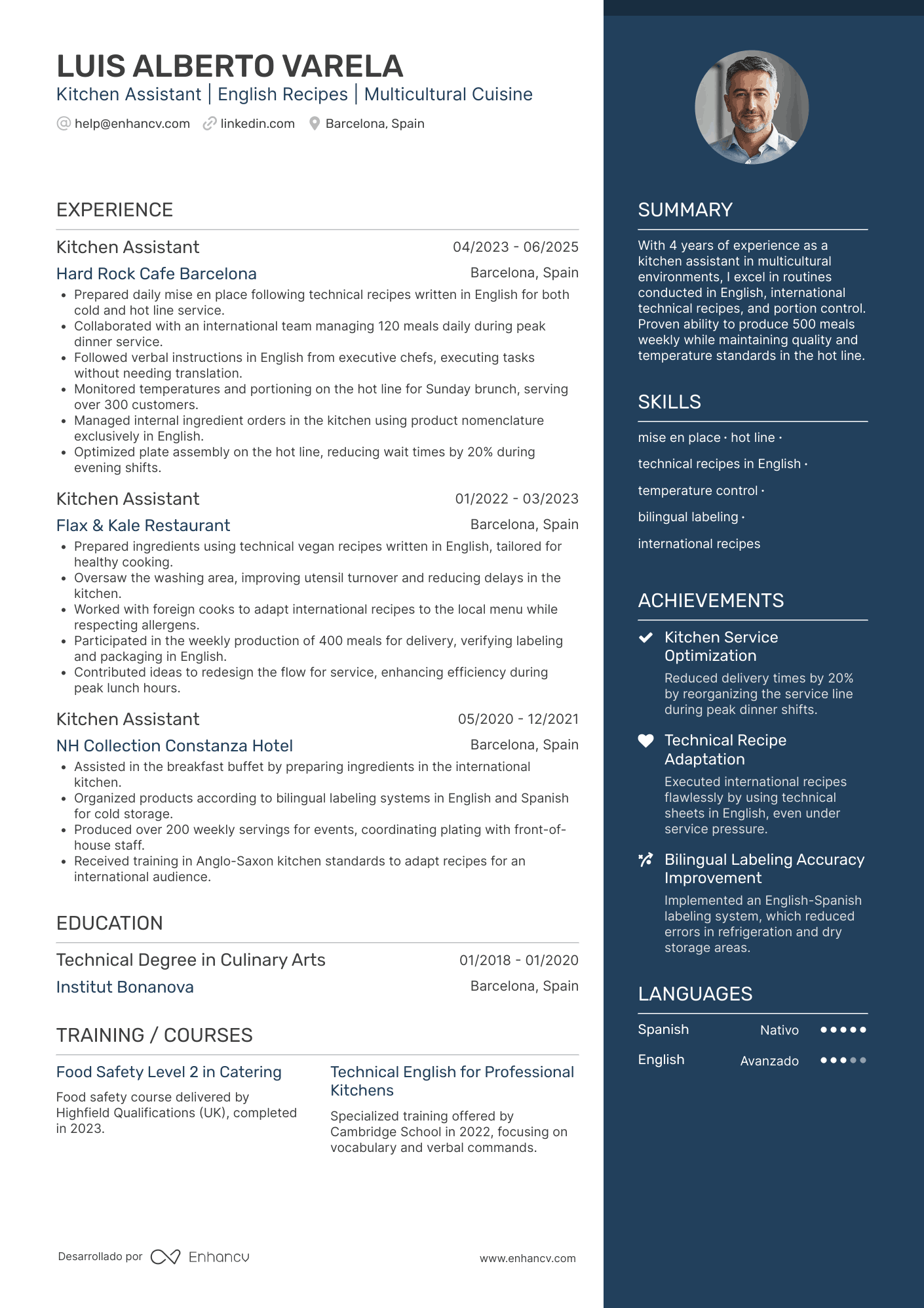 Ejemplo de currículum de ayudante de cocina en inglés (Kitchen Assistant) Resume Example