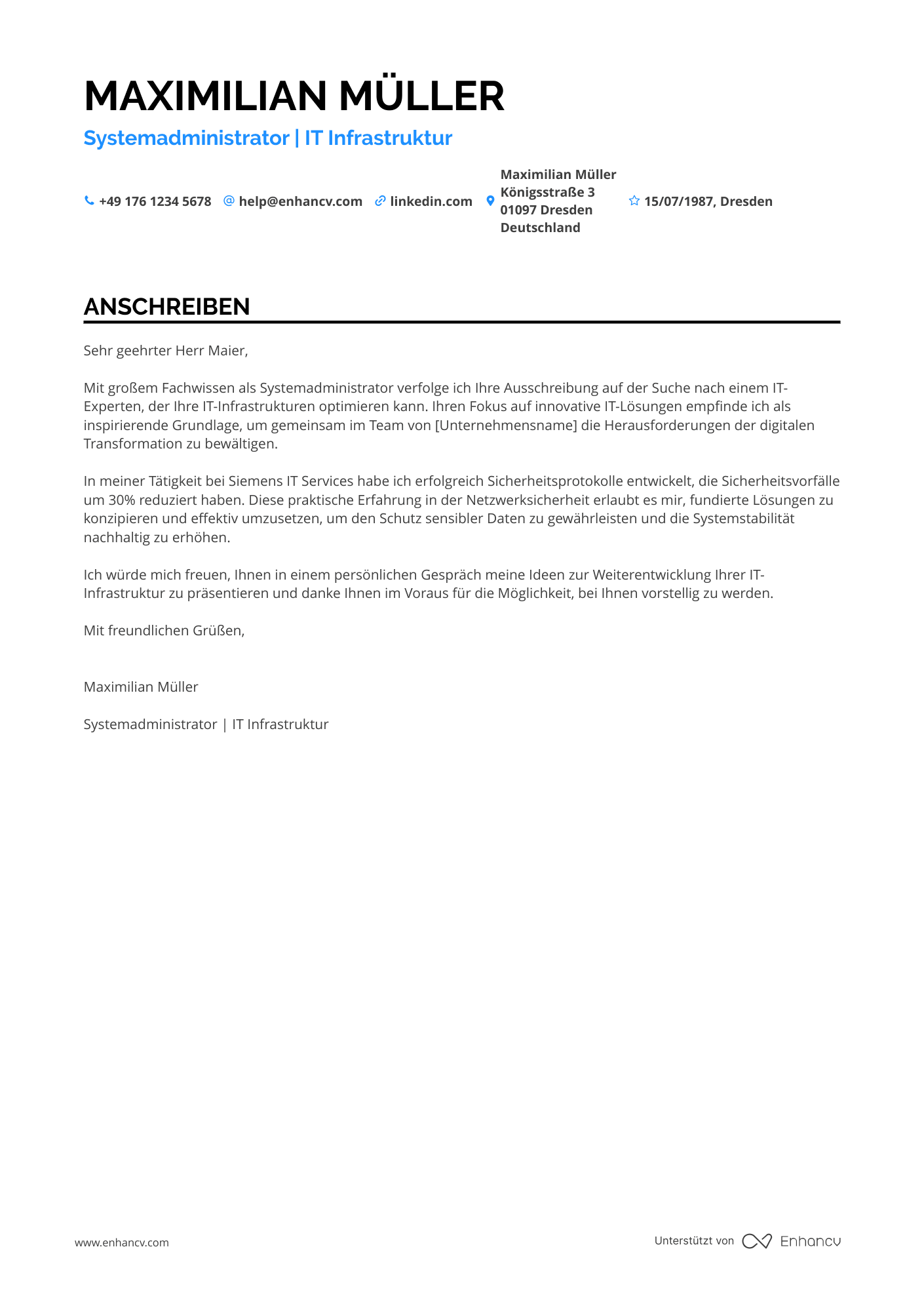 Systemadministrator für Informationstechnik Resume Example