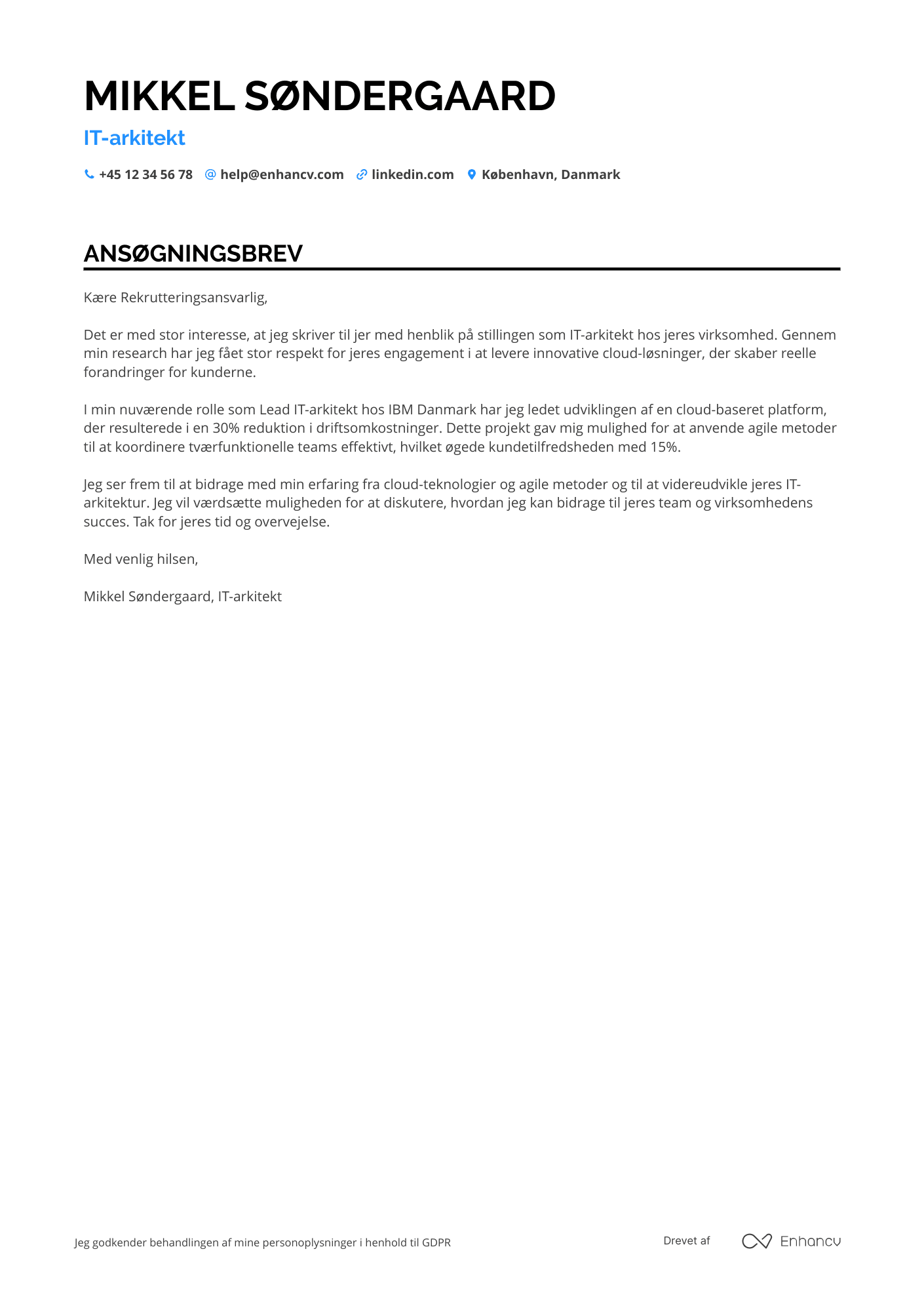 Ansøgningsbrev til IT arkitekt Resume Example