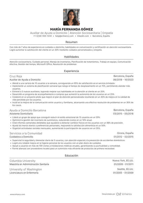 Currículum de ayuda a domicilio Resume Example