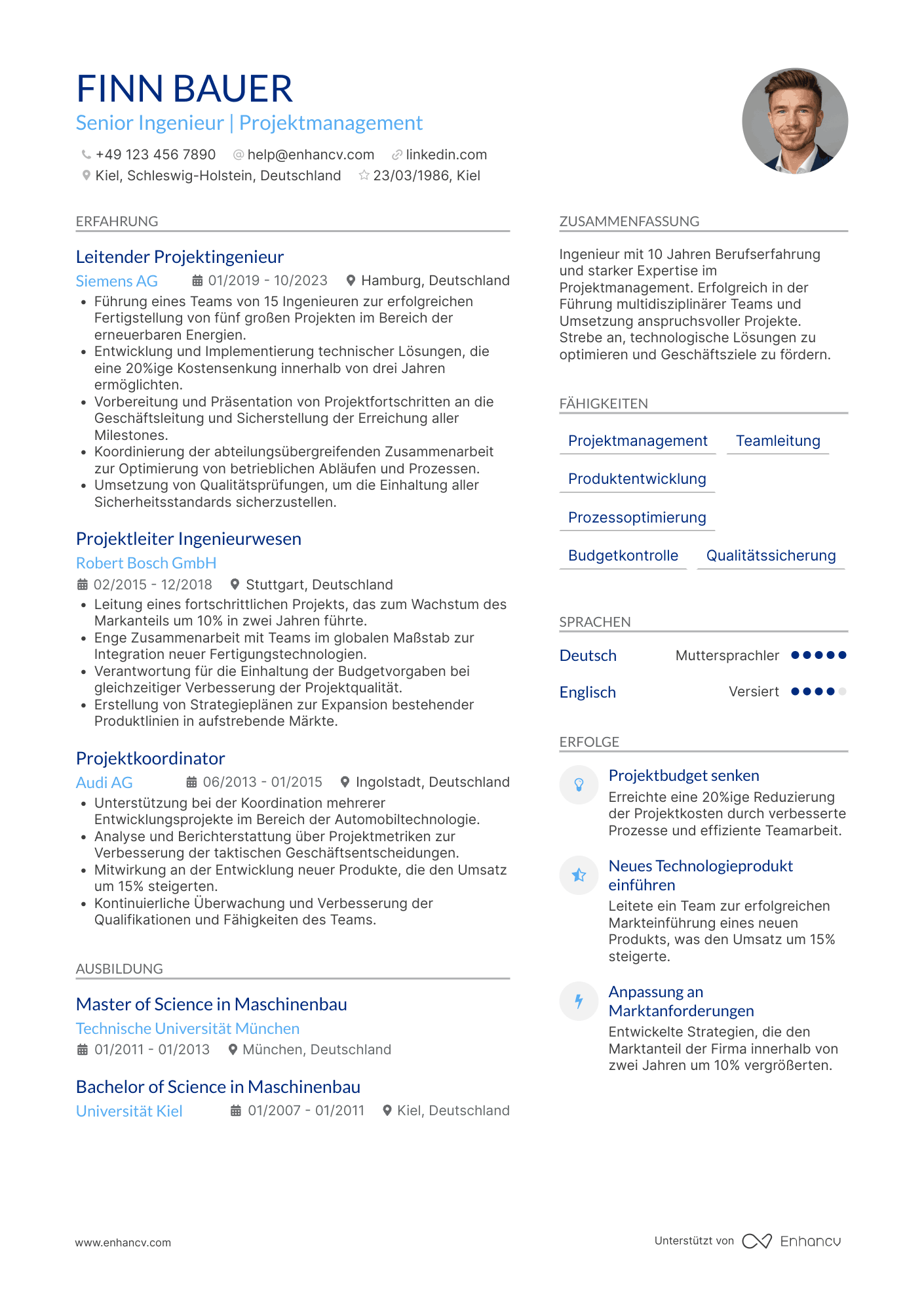 Lebenslauf als Ingenieur mit Managementerfahrung Resume Example