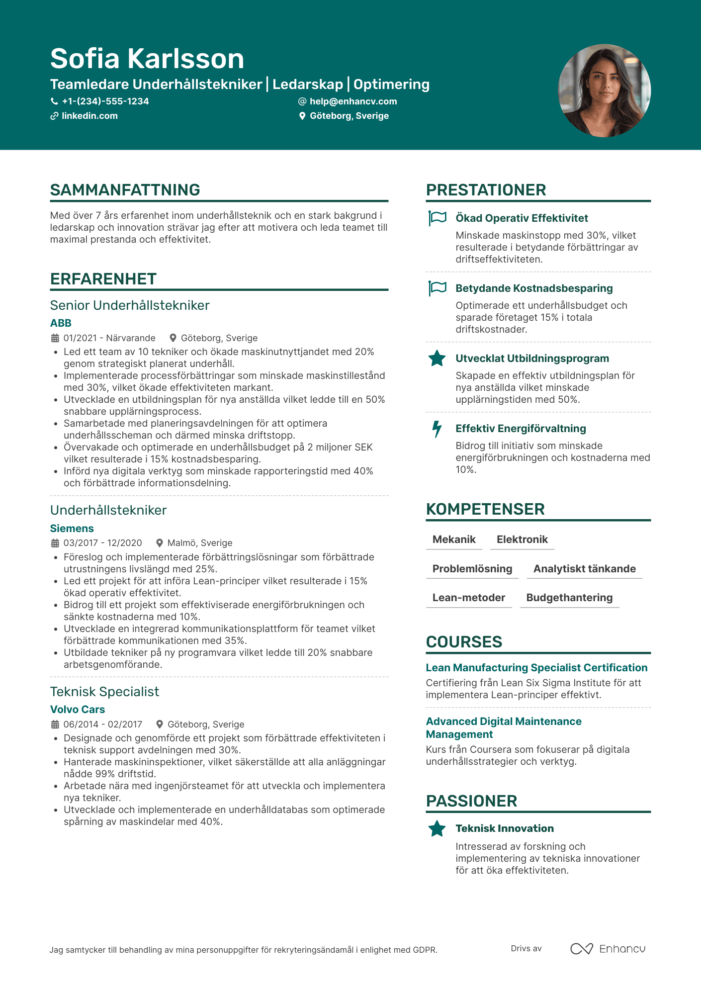 CV för Teamledare Underhållstekniker Resume Example