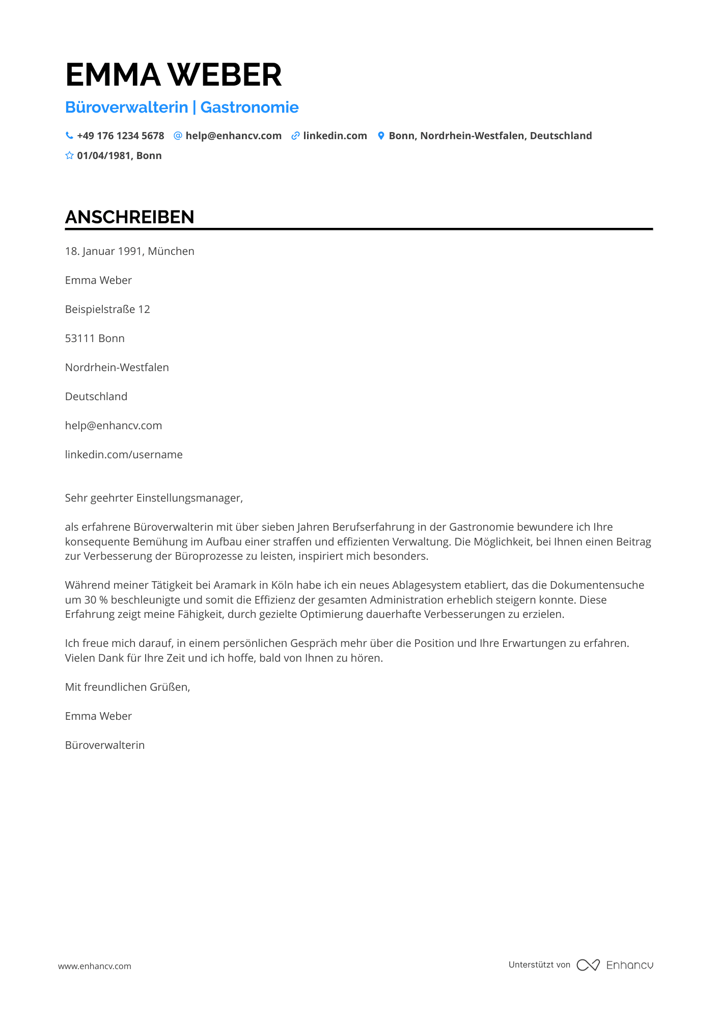 Büroverwalter für Gastronomie Resume Example