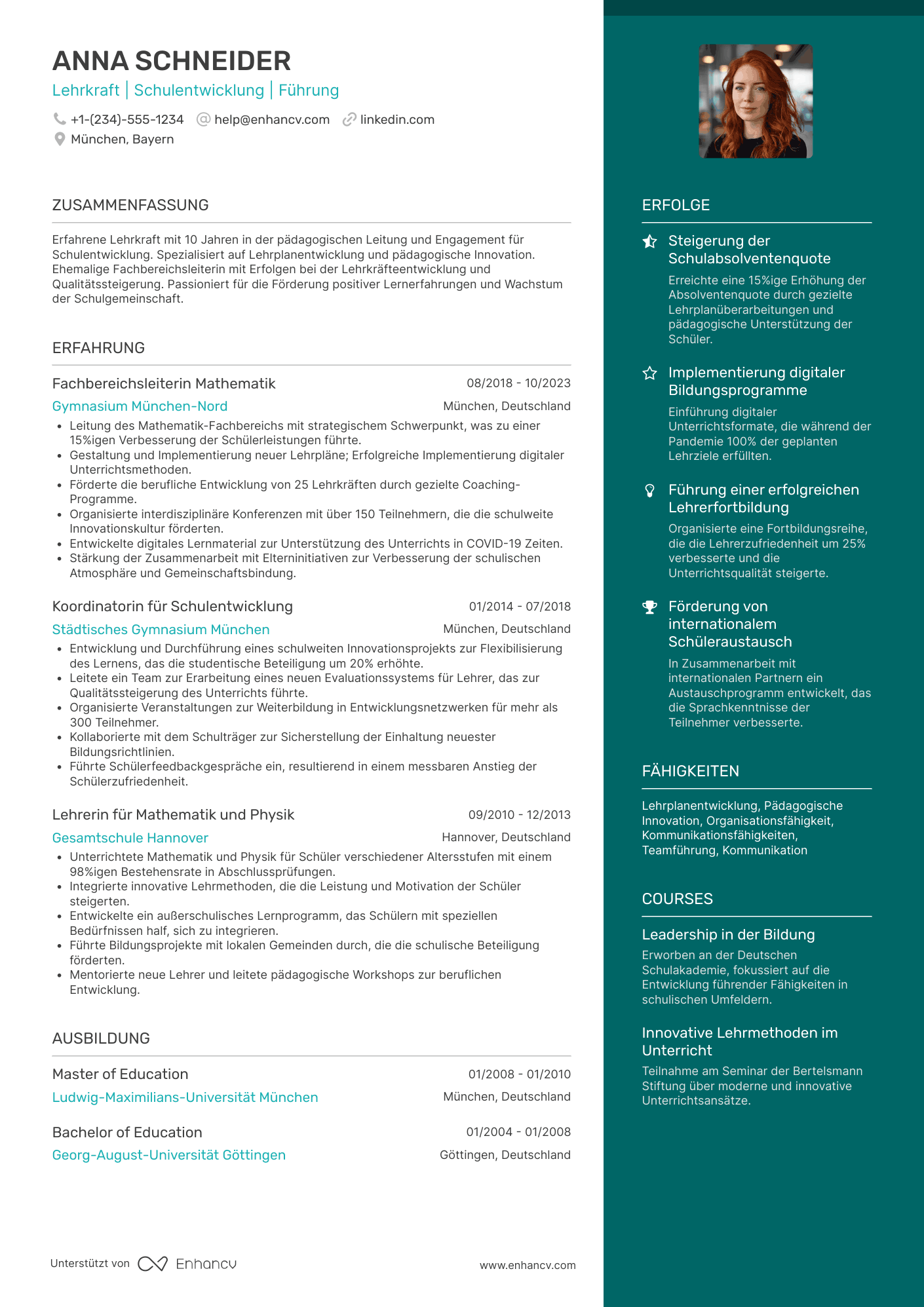 Lebenslauf Lehrer: Funktionsstelle (Schulleitung, Fachbereichsleitung) Resume Example