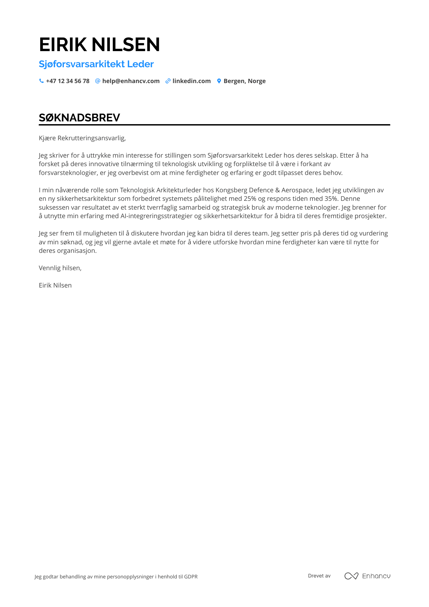 Søknadsbrev for Sjøforsvarsarkitekt Leder Resume Example