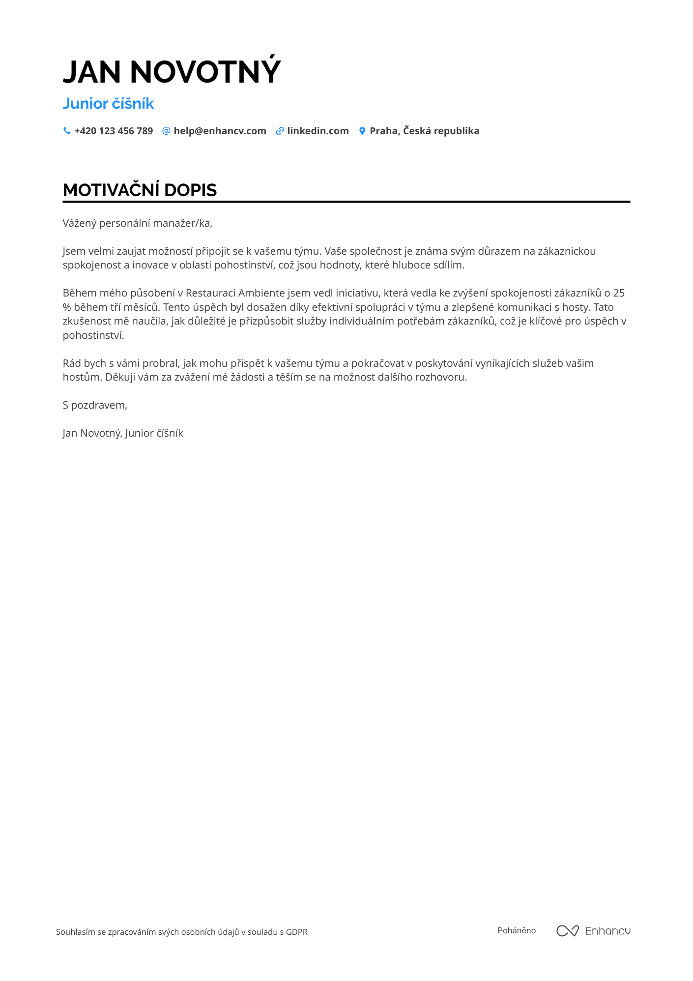 Motivační dopis pro Junior číšník Resume Example