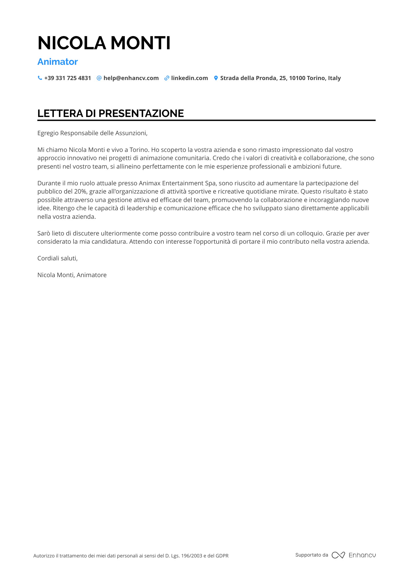 Animatore Junior Resume Example