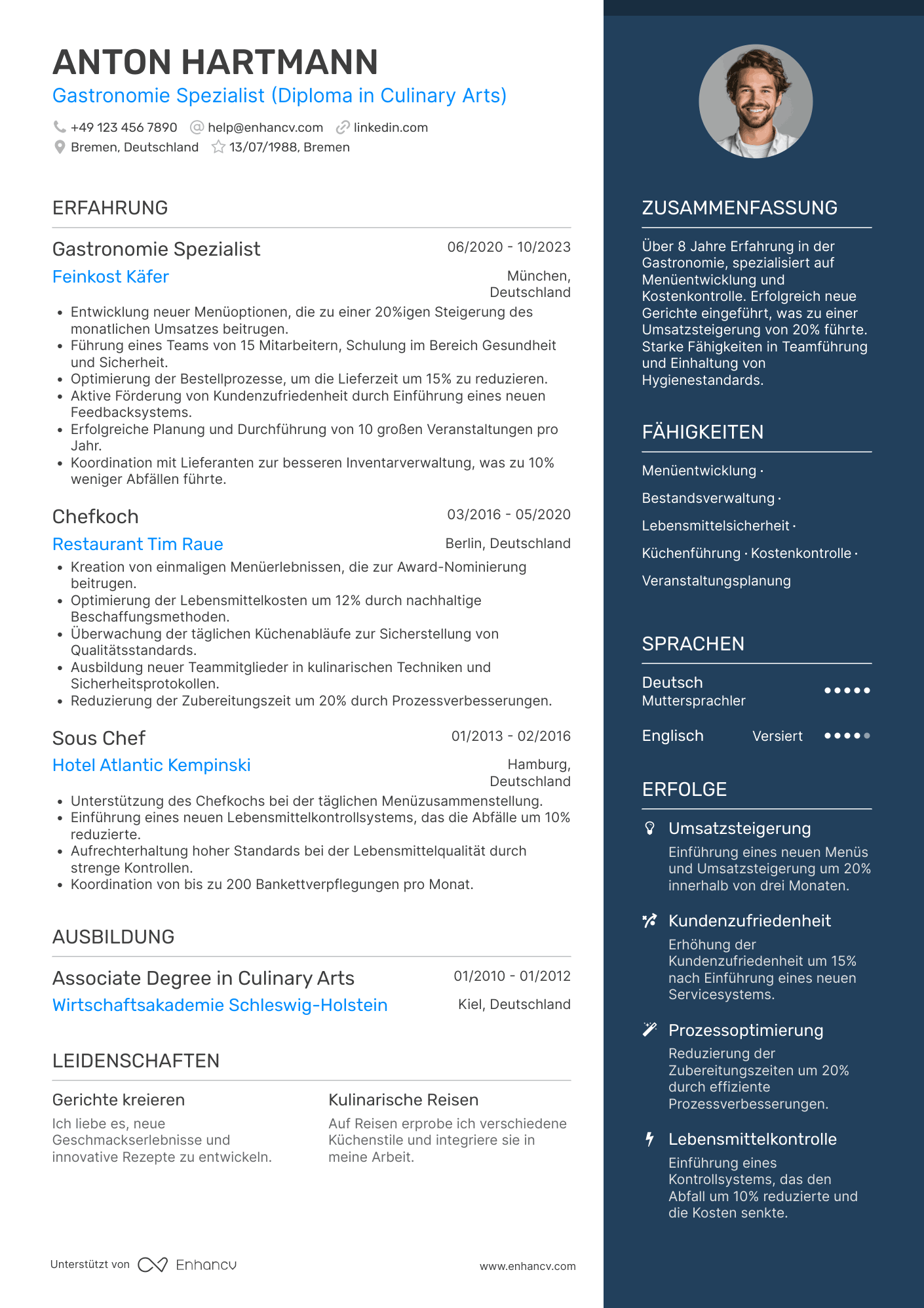 Lebenslauf als Gastronomie Spezialist Resume Example