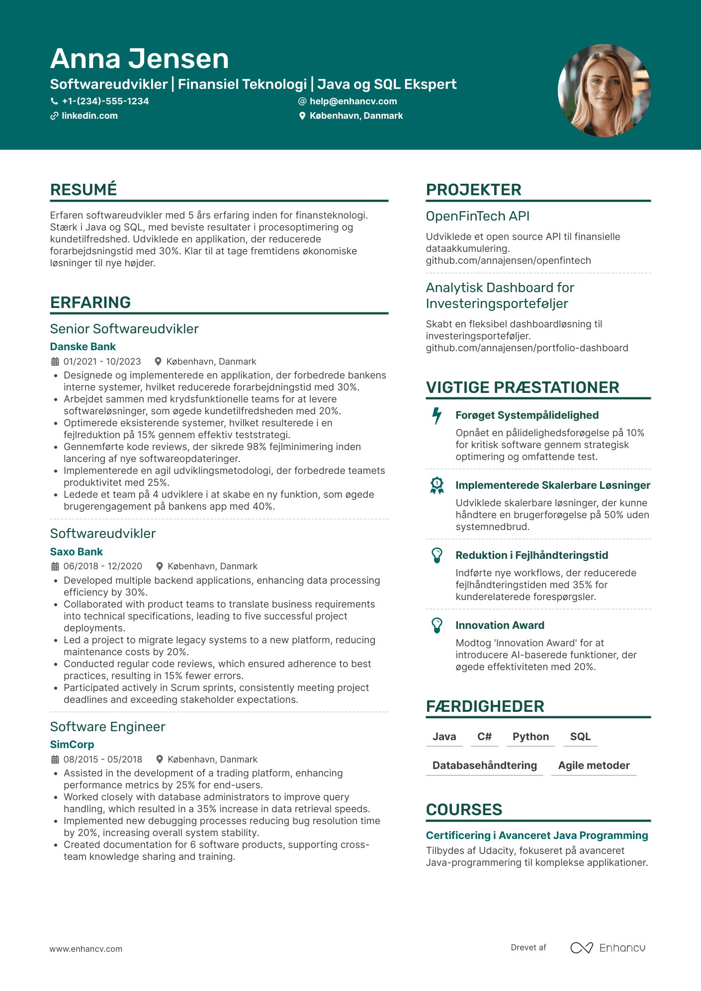 CV til Softwareudvikler i finanssektoren Resume Example
