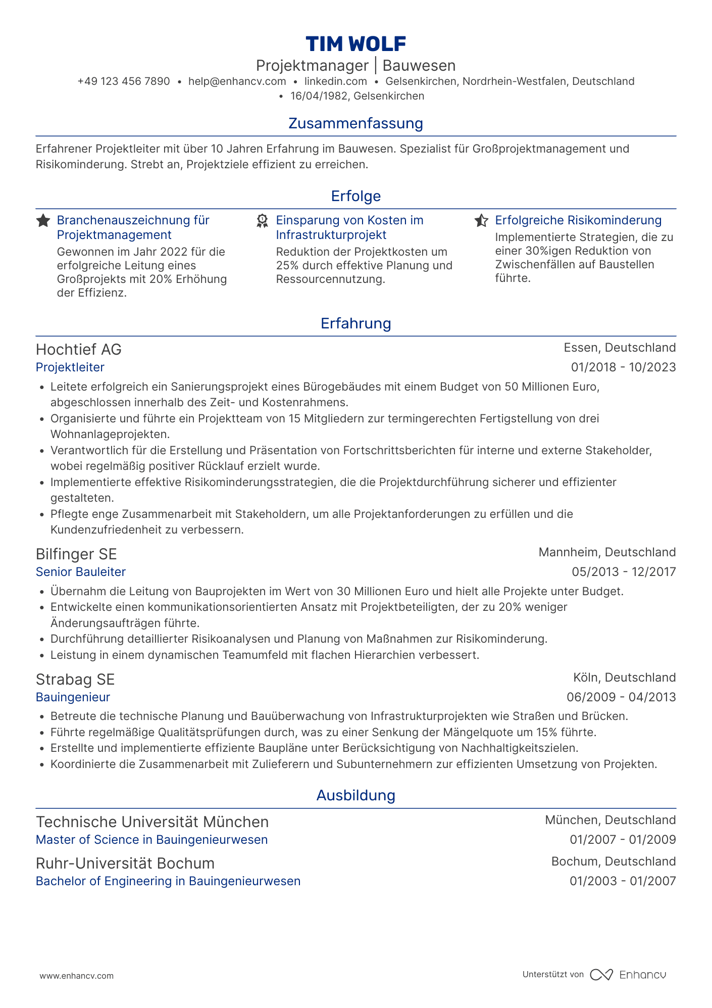Lebenslauf als Erfahrener Projektleiter Resume Example