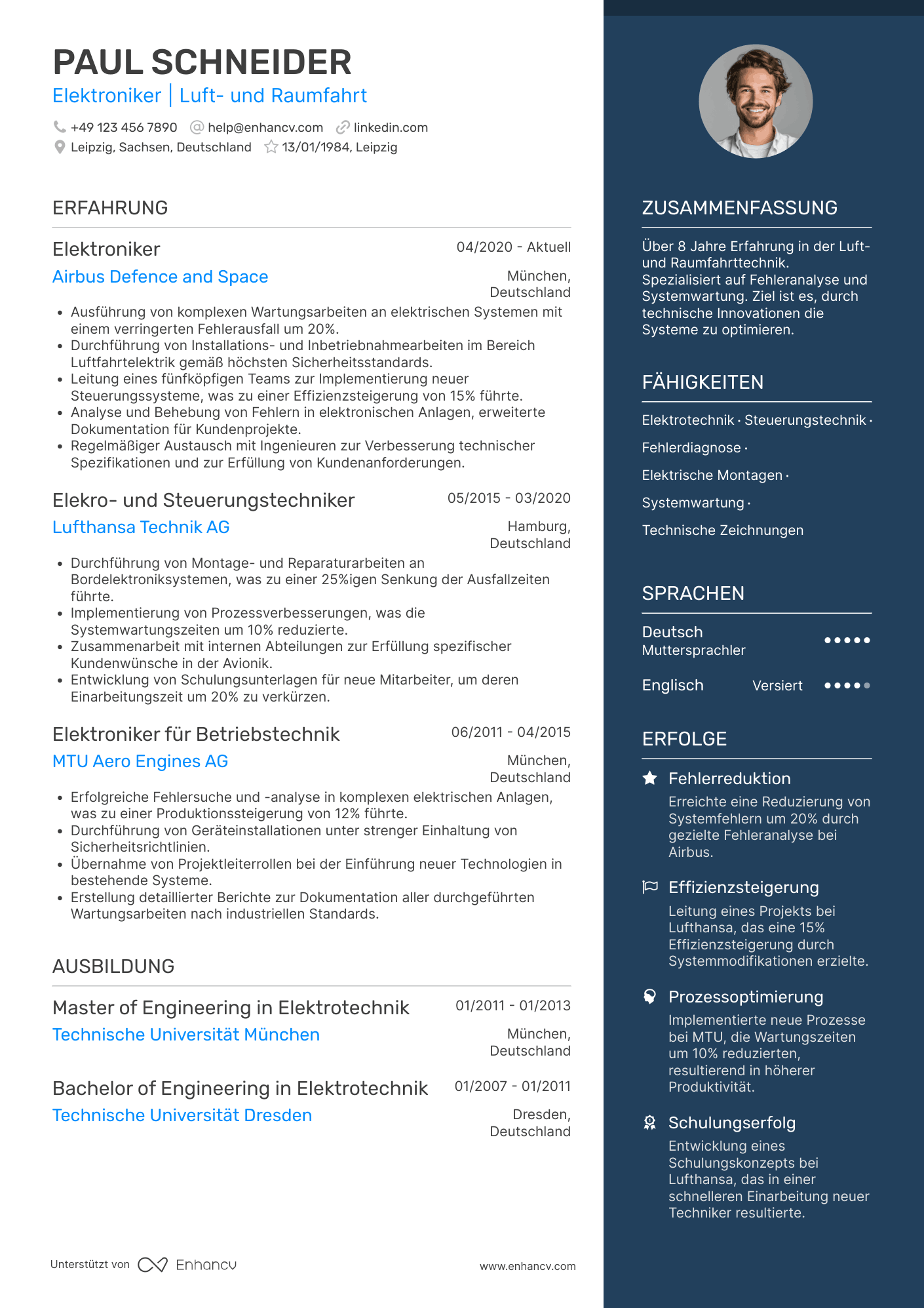 Lebenslauf in Elektroniker in der Luft  und Raumfahrtindustrie Resume Example