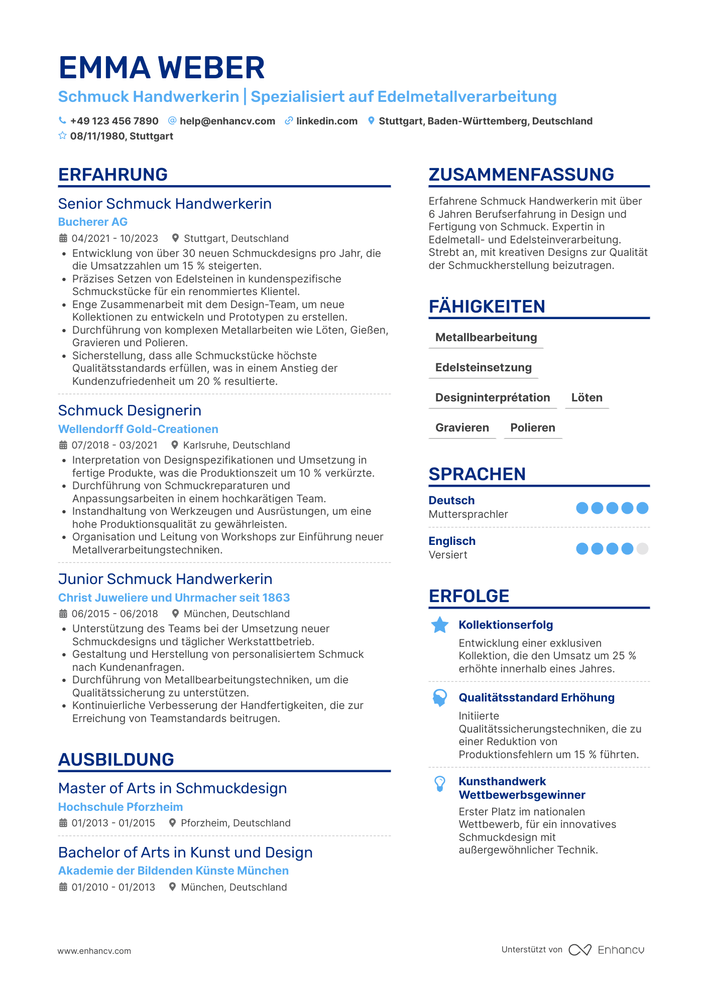 Lebenslauf als Schmuck Handwerker Resume Example