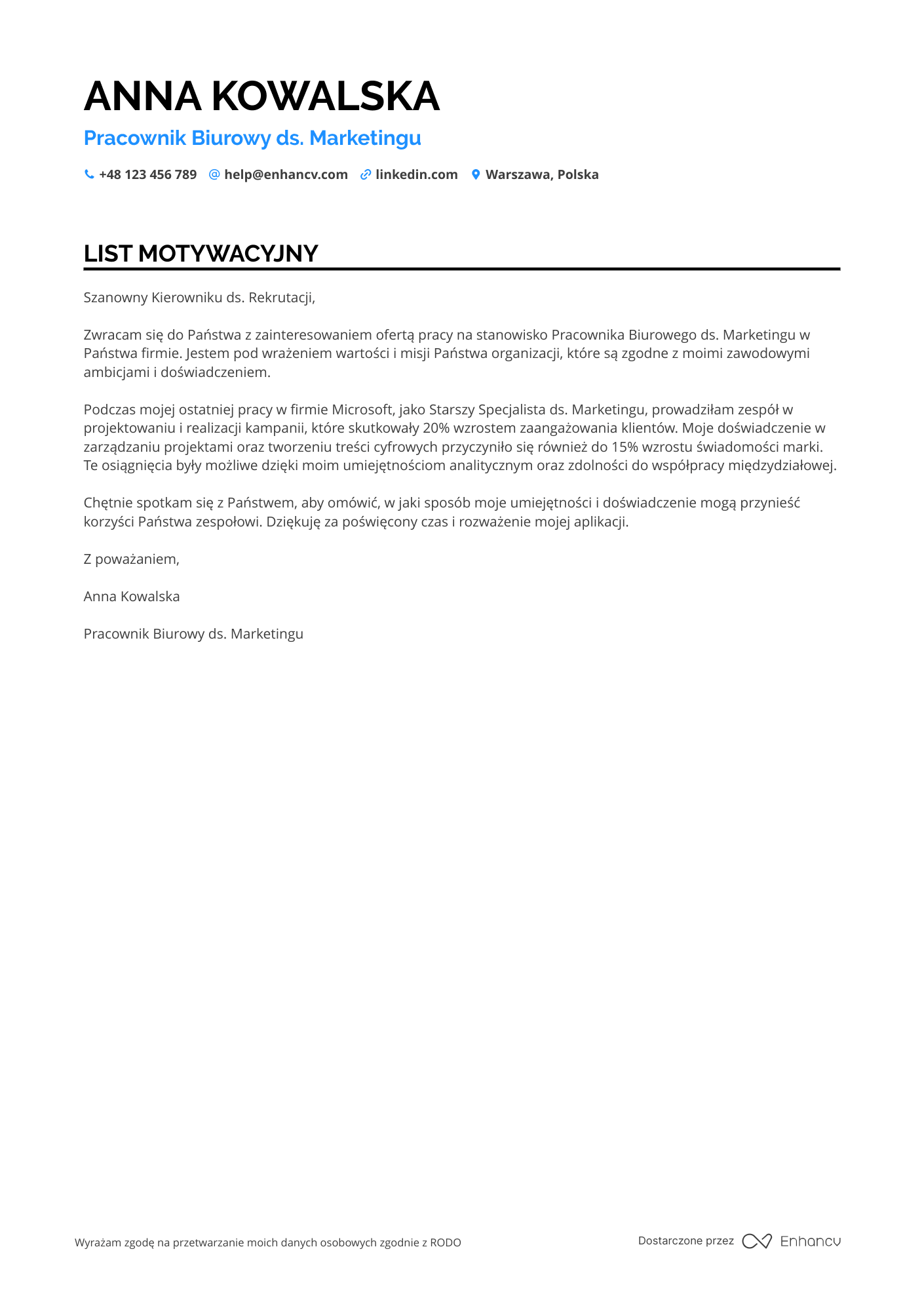 List motywacyjny dla Pracownik Biurowy ds. Marketingu Resume Example