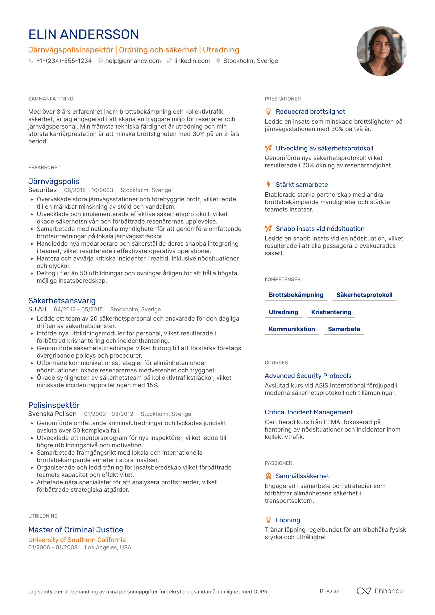 CV för Järnvägspolisinspektör Resume Example