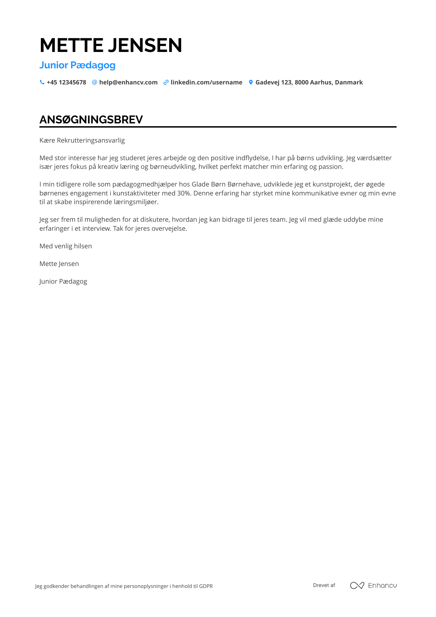 Ansøgningsbrev til Junior Pædagog Resume Example