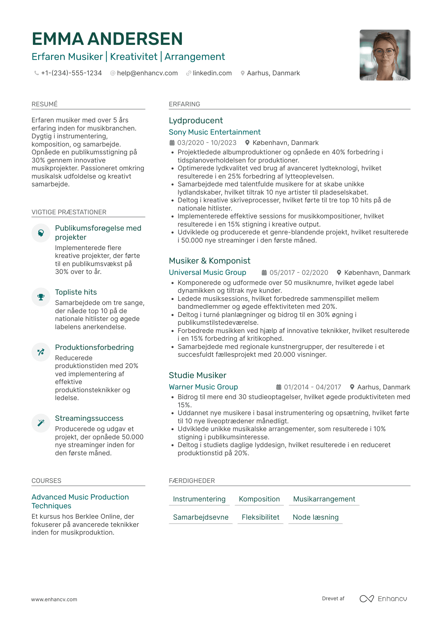 CV til Erfaren musiker Resume Example