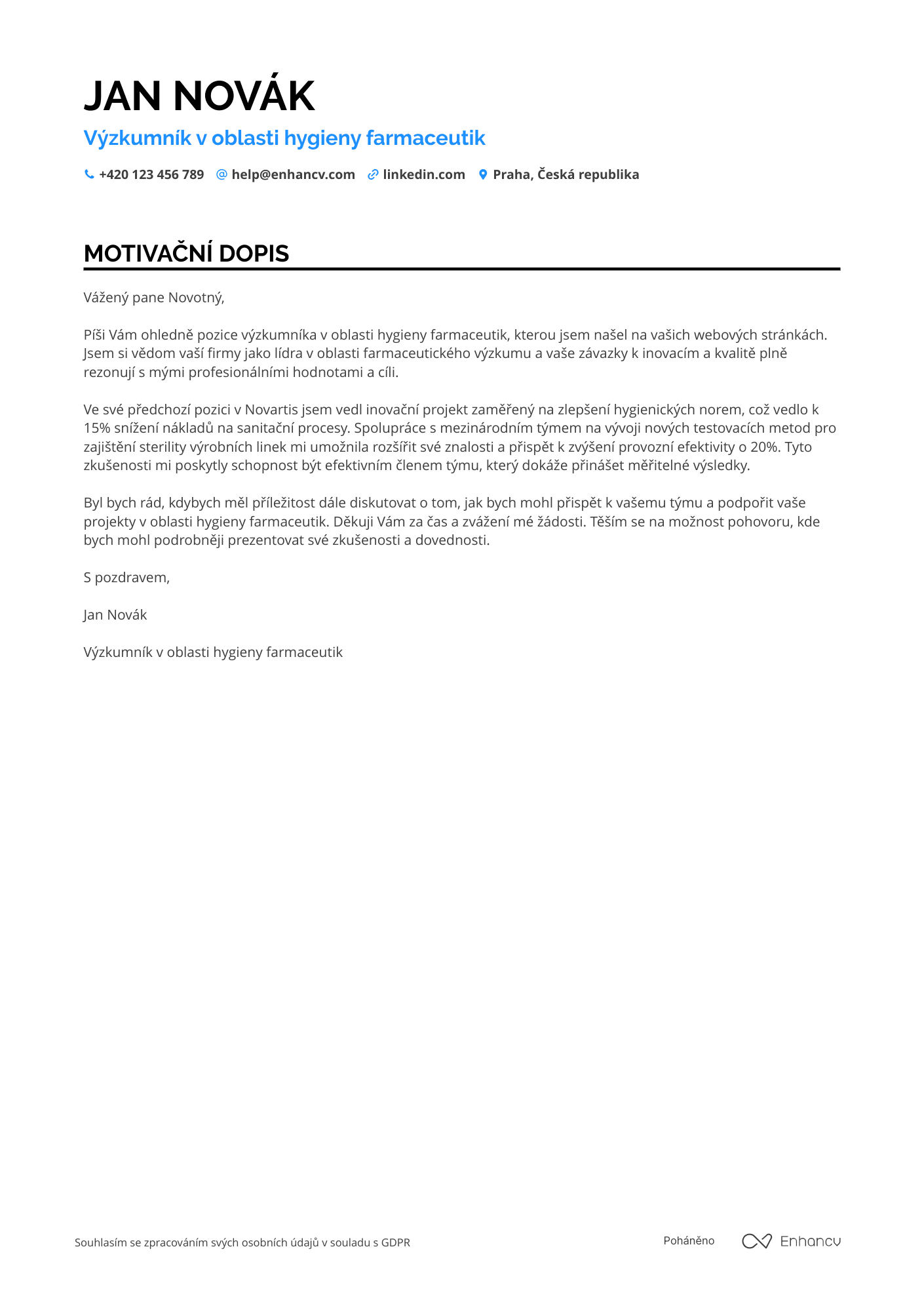 Motivační dopis pro Chercheur en Hygiène Pharmaceutique Resume Example