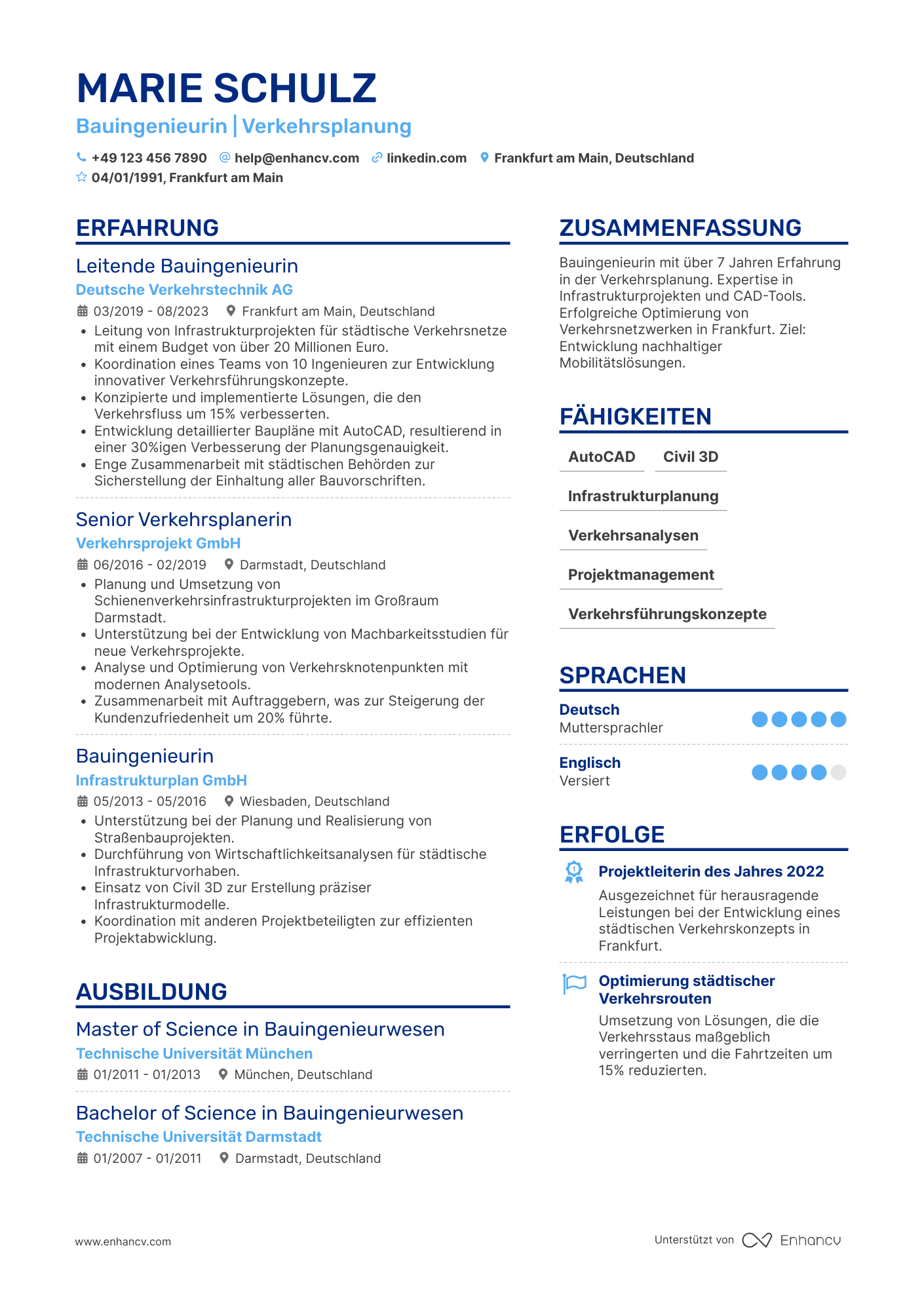 Lebenslauf in Bauingenieur in der Verkehrsplanung Resume Example