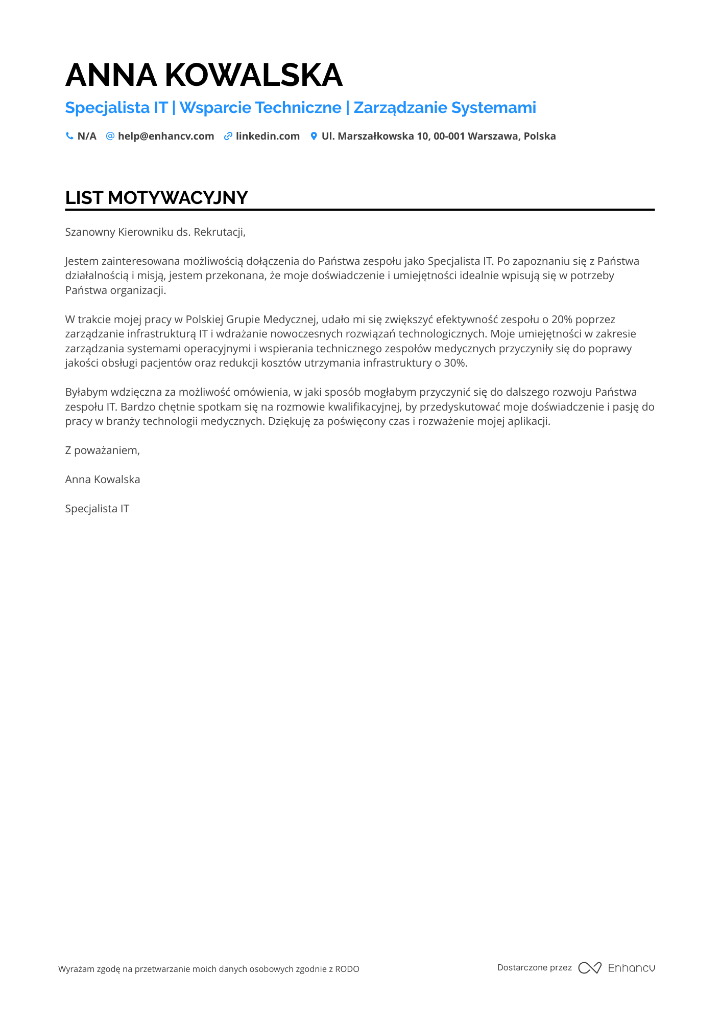 List motywacyjny dla Specjalista IT w Branży Medycznej Resume Example