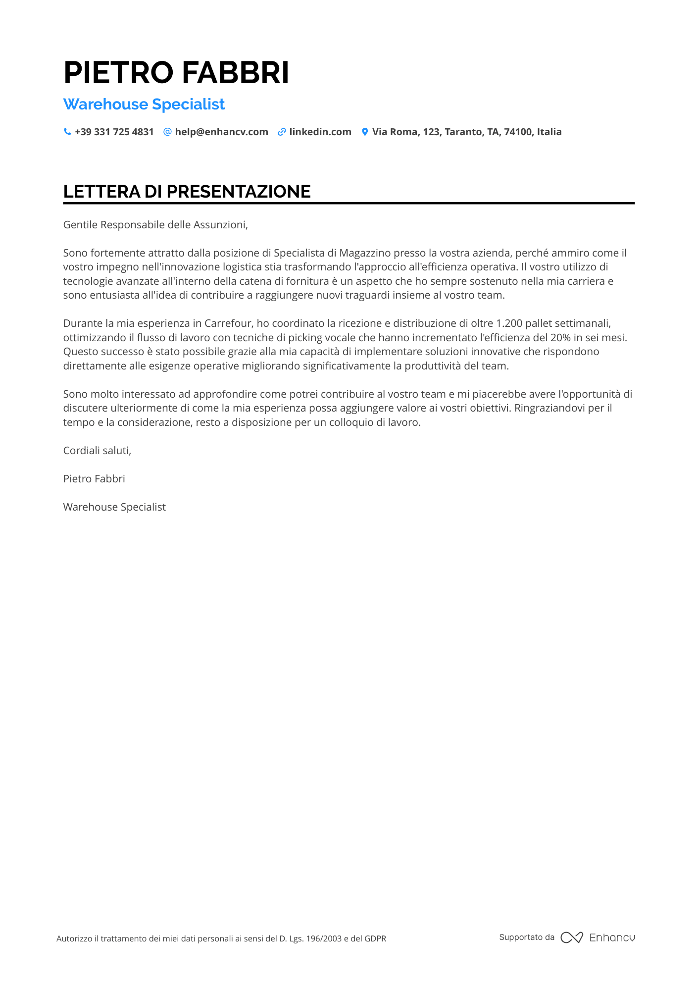 Operatore di Magazzino Lidl Resume Example