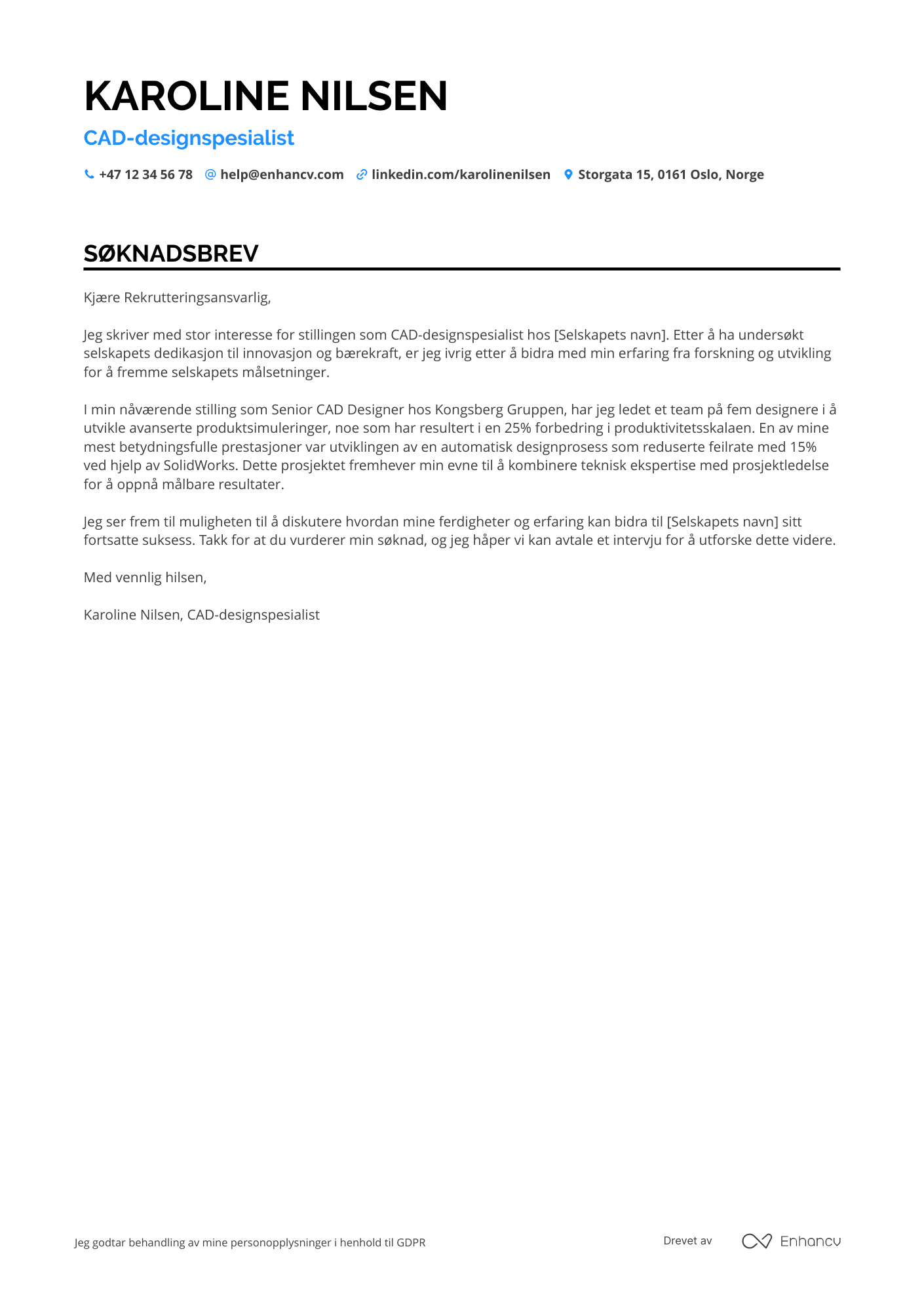 Søknadsbrev for Research and Development CAD designspesialist Resume Example