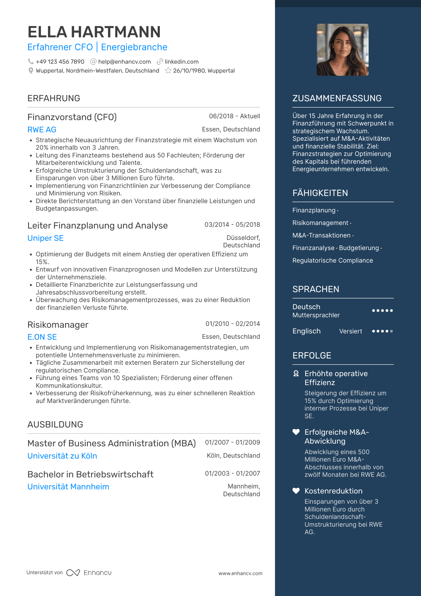 Lebenslauf in Finanzvorstand in der Energiebranche Resume Example