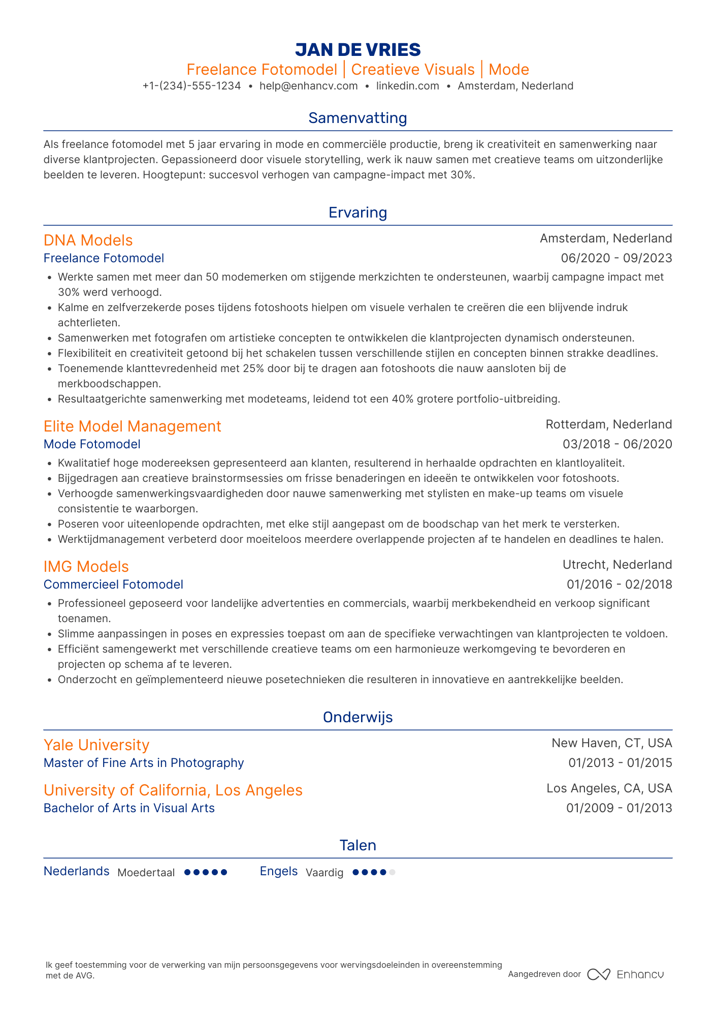 CV voor Freelance Fotomodel Resume Example