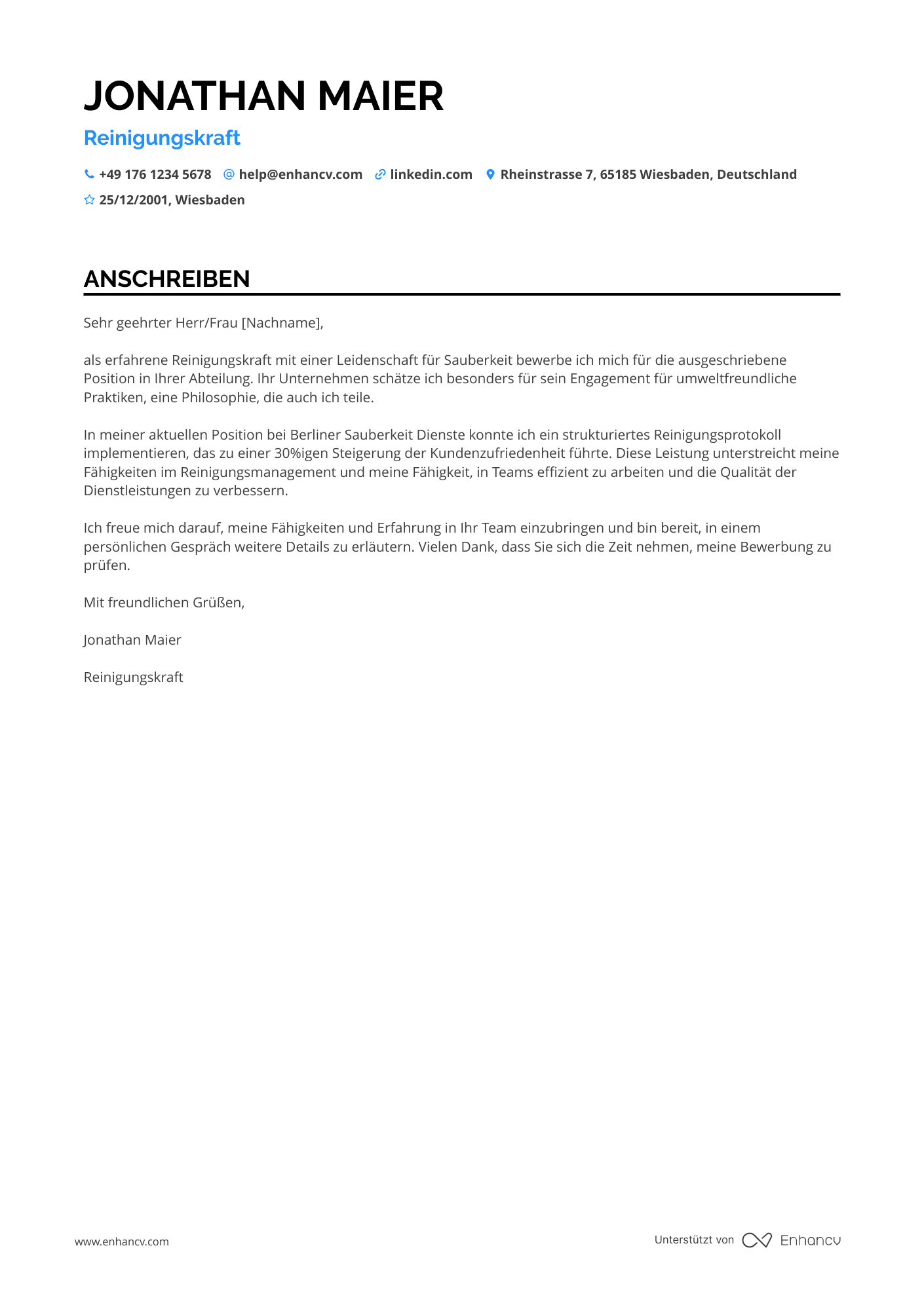 Teilzeit Reinigungskraft Resume Example