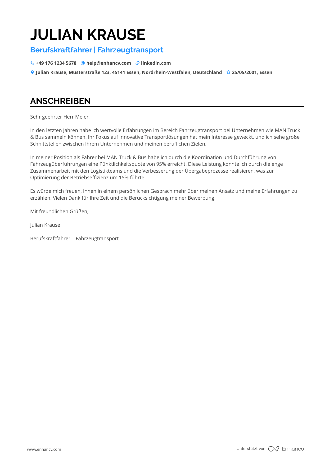 Fahrer in der Automobilindustrie Resume Example