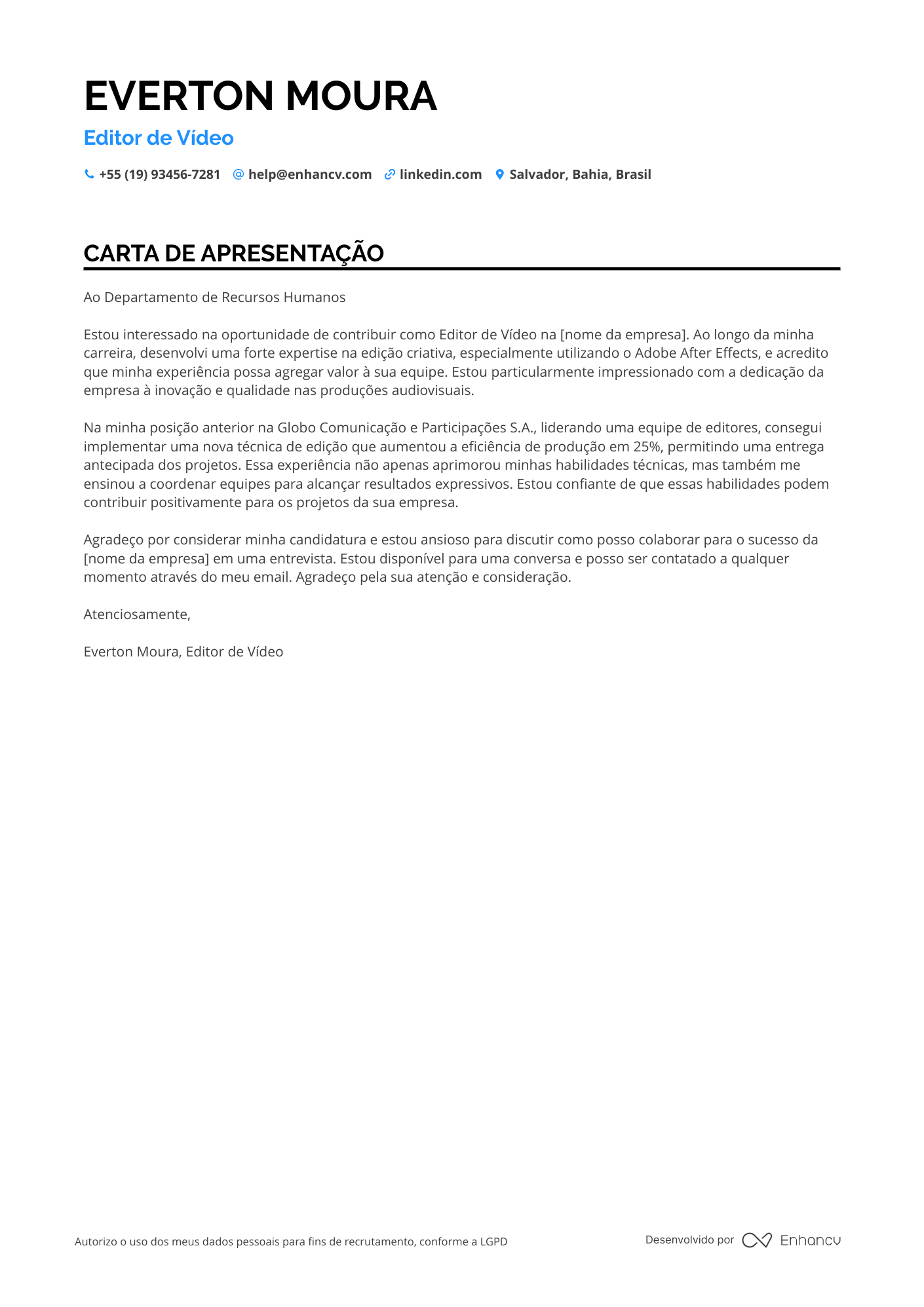 Editor de vídeo Meio período Resume Example