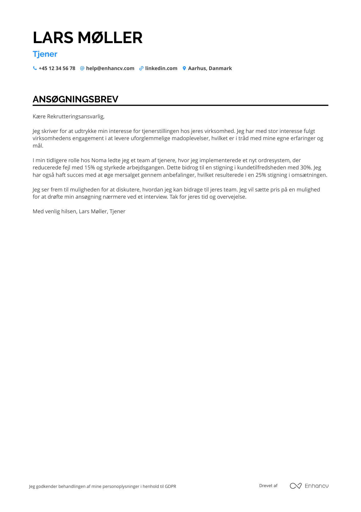 Ansøgningsbrev til Restaurant Tjener Resume Example