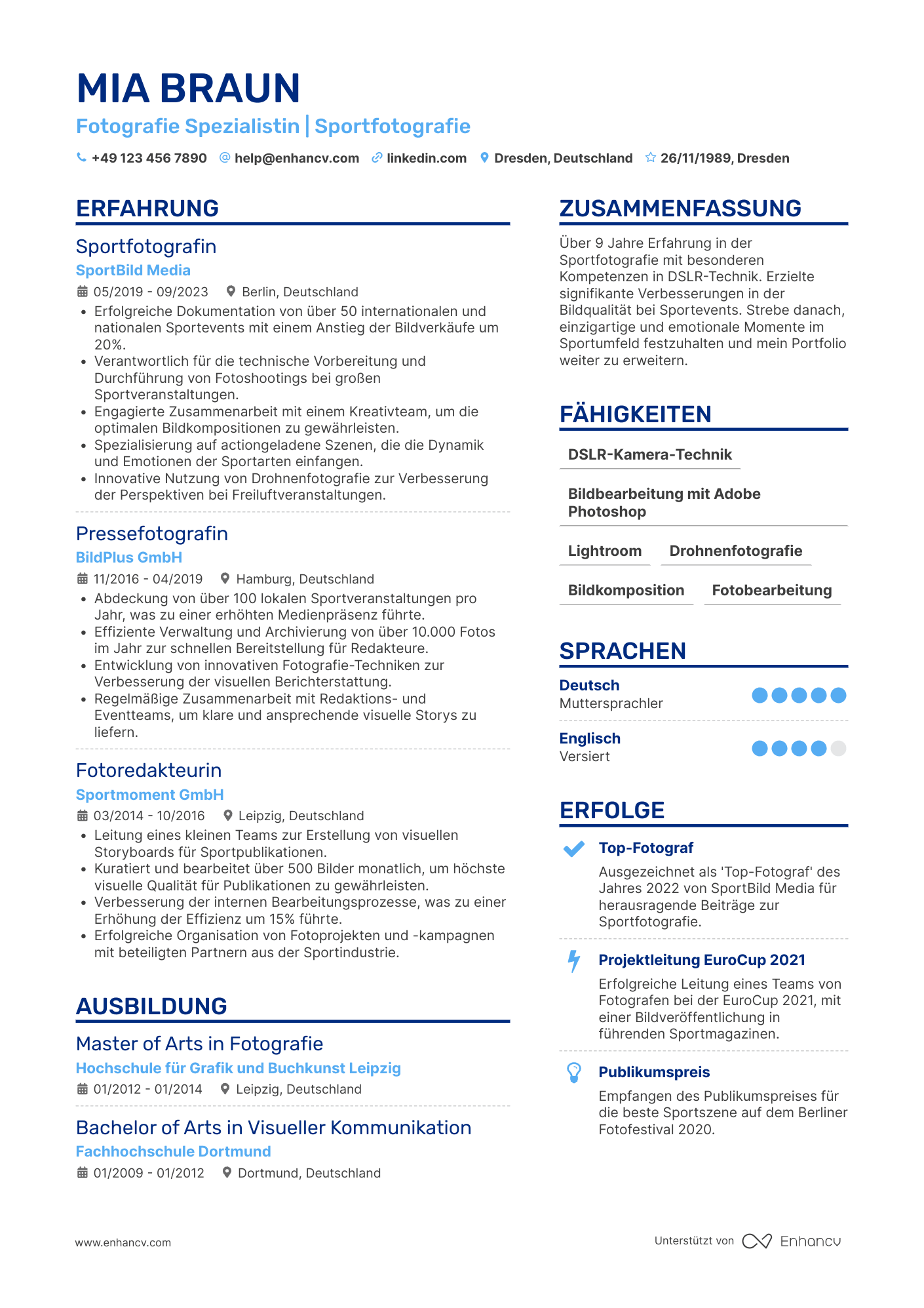 Lebenslauf als Fotograf für Sportveranstaltungen Resume Example