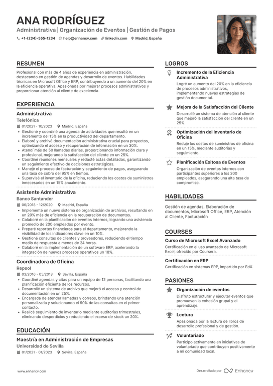Ejemplo de CV de administrativo Resume Example
