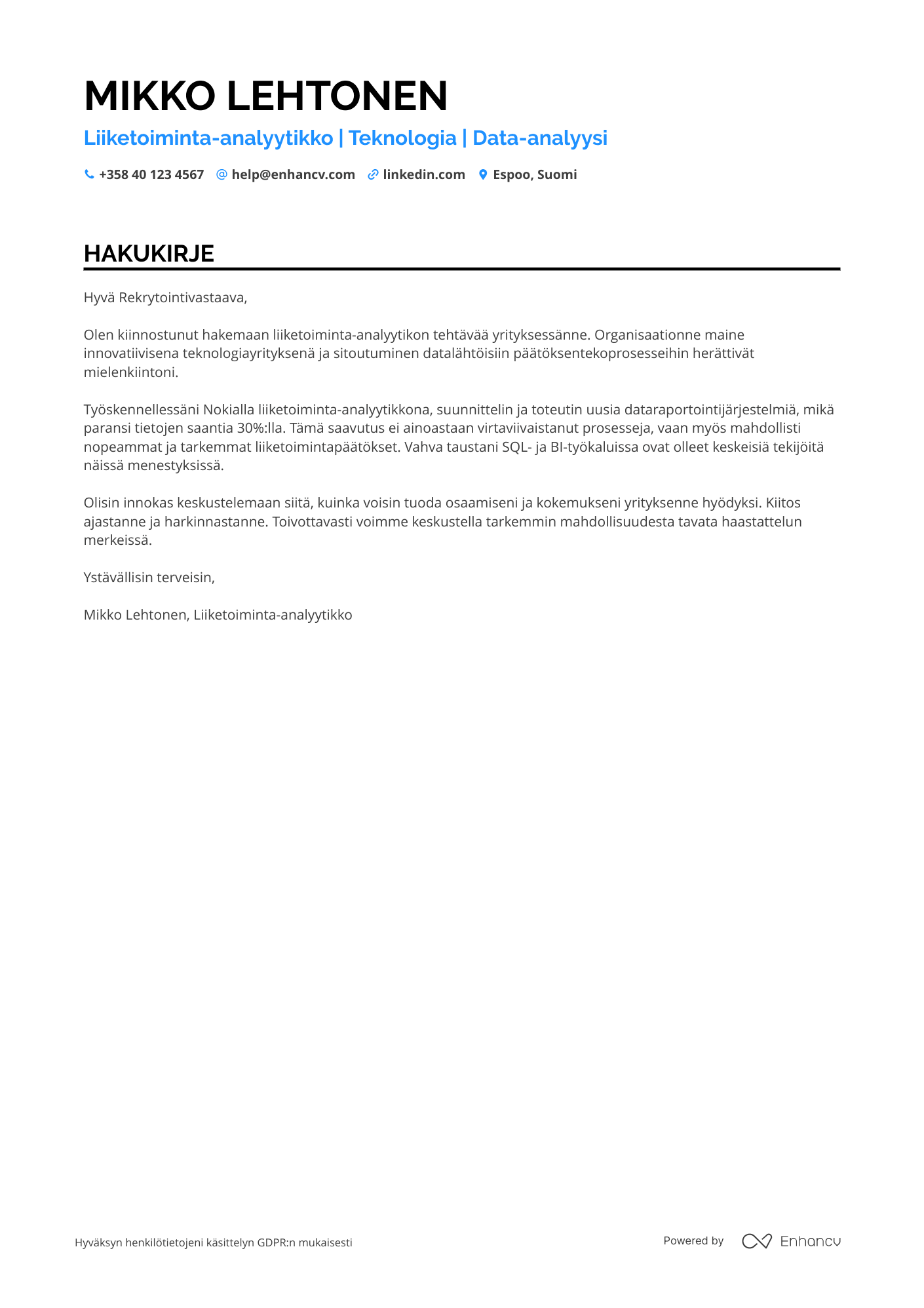 Hakukirje Liiketoiminta analyytikko – Teknologia Resume Example