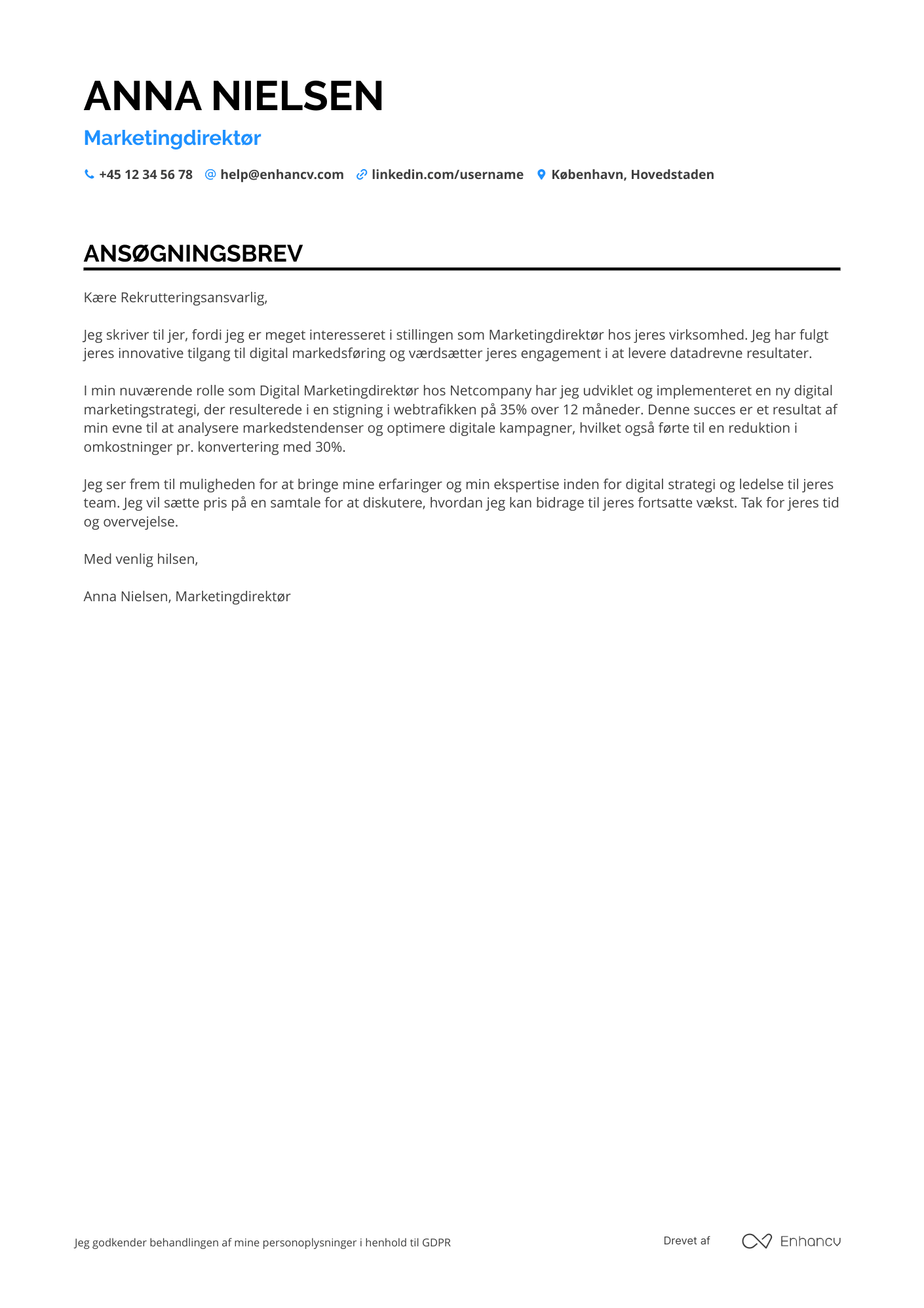 Ansøgningsbrev til Marketingdirektør for digital strategi Resume Example
