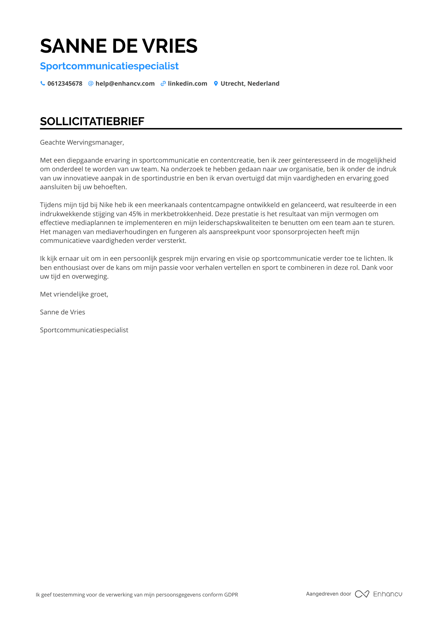 Sollicitatiebrief voor Sport Communications Specialist Resume Example