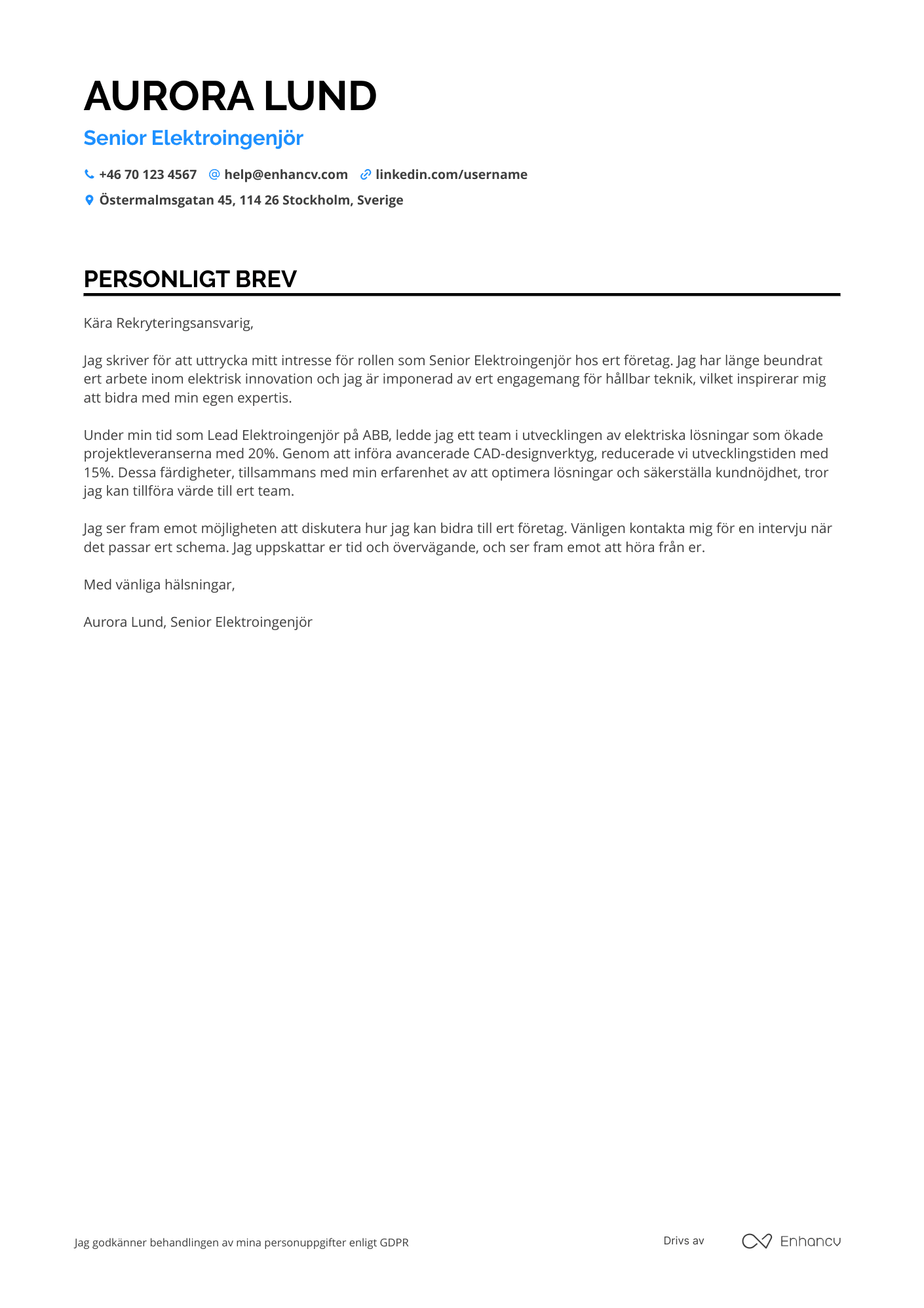 Personligt brev för Senior elektroingenjör Resume Example