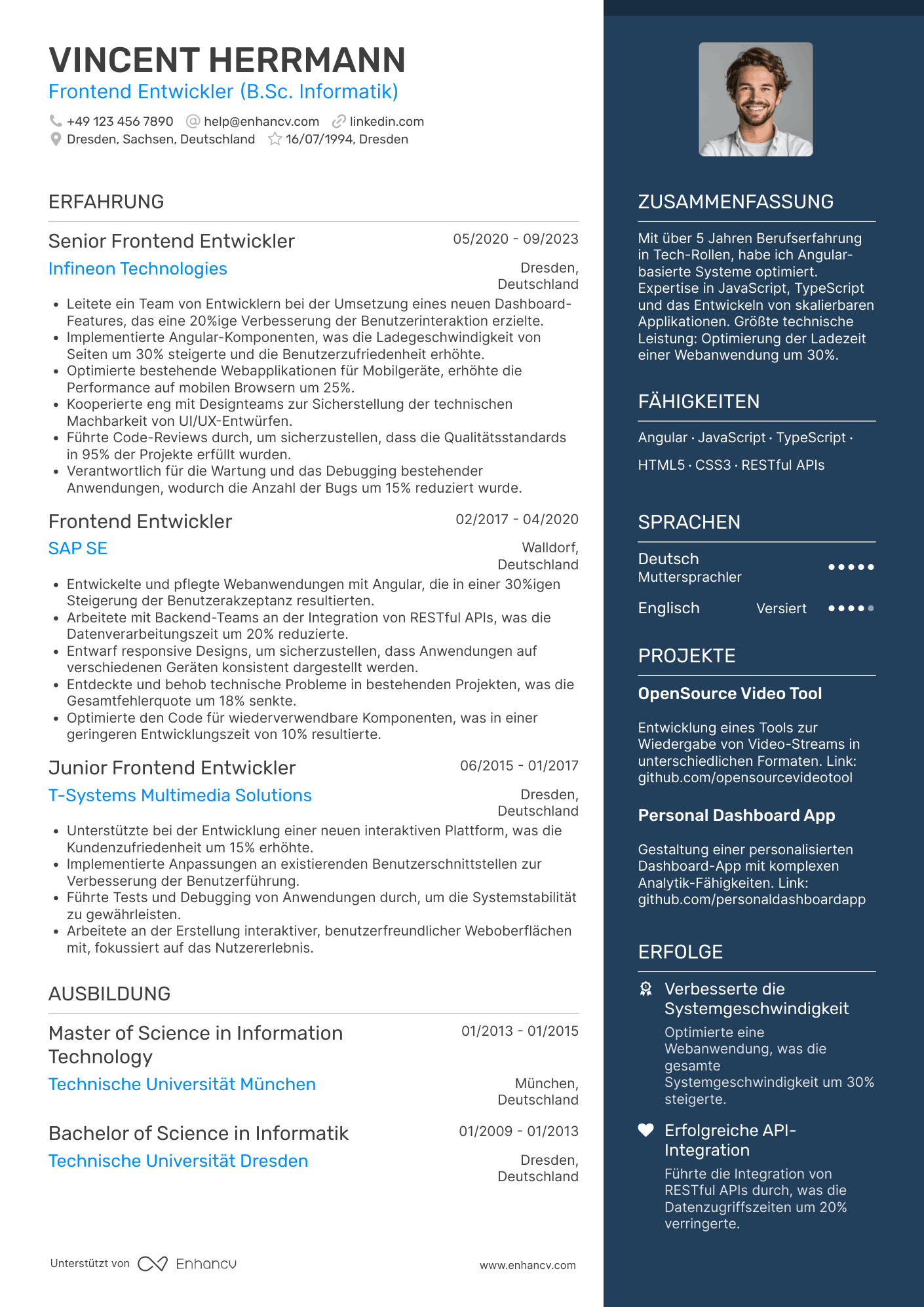 Lebenslauf als Frontend Entwickler für Angular Resume Example