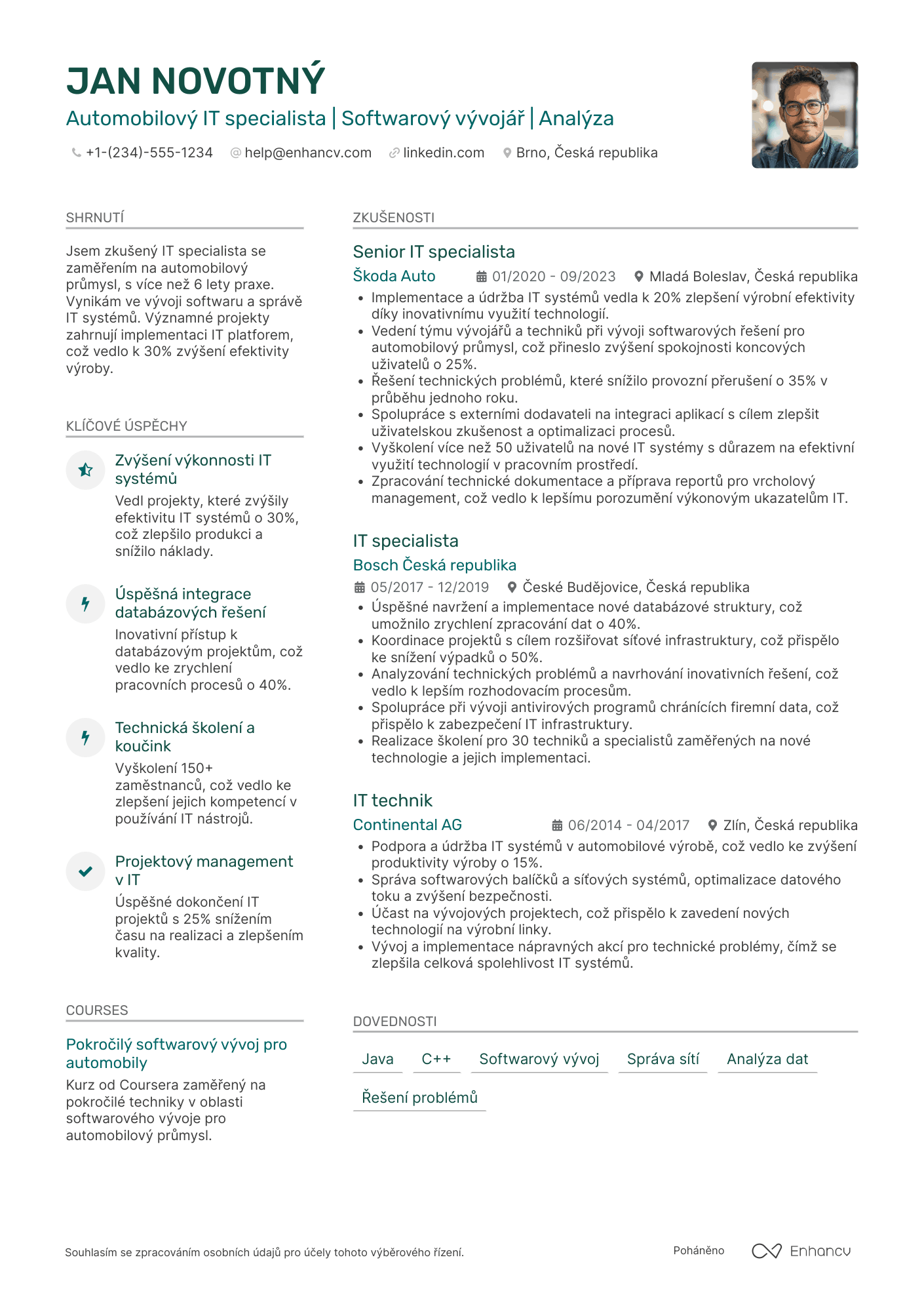 Životopis pro Automobilový IT specialista Resume Example