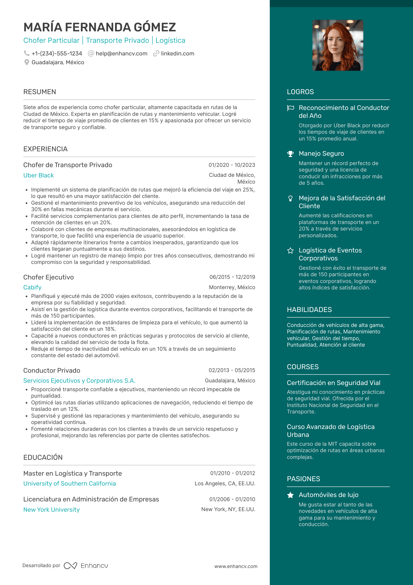 Ejemplo de CV de chofer particular Resume Example