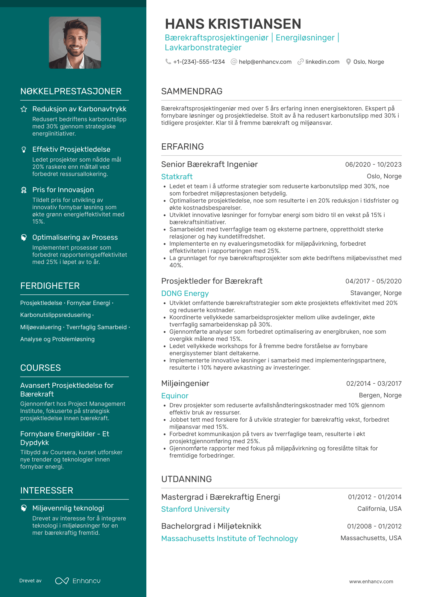 CV for Bærekraftsprosjektingeniør innenfor Energi Resume Example