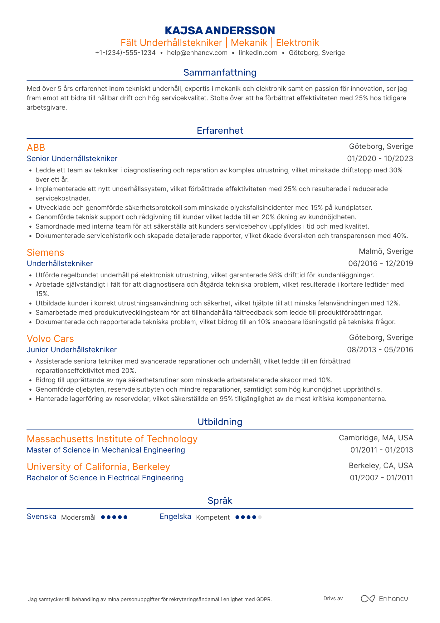 CV för Fält Underhållstekniker Resume Example