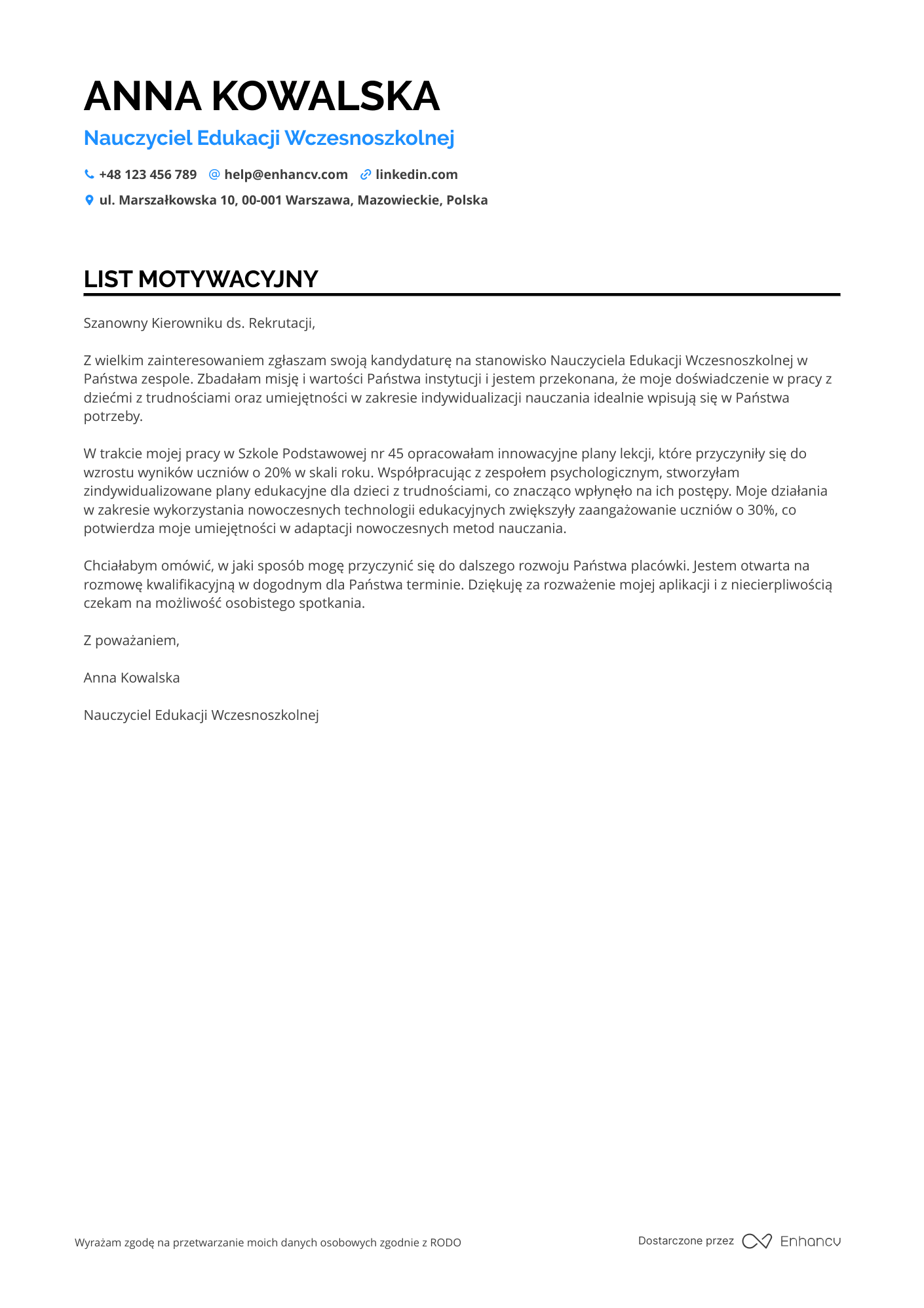 List motywacyjny dla Nauczyciel Edukacji Wczesnoszkolnej Specjalista ds. Dzieci z Trudnościami Resume Example