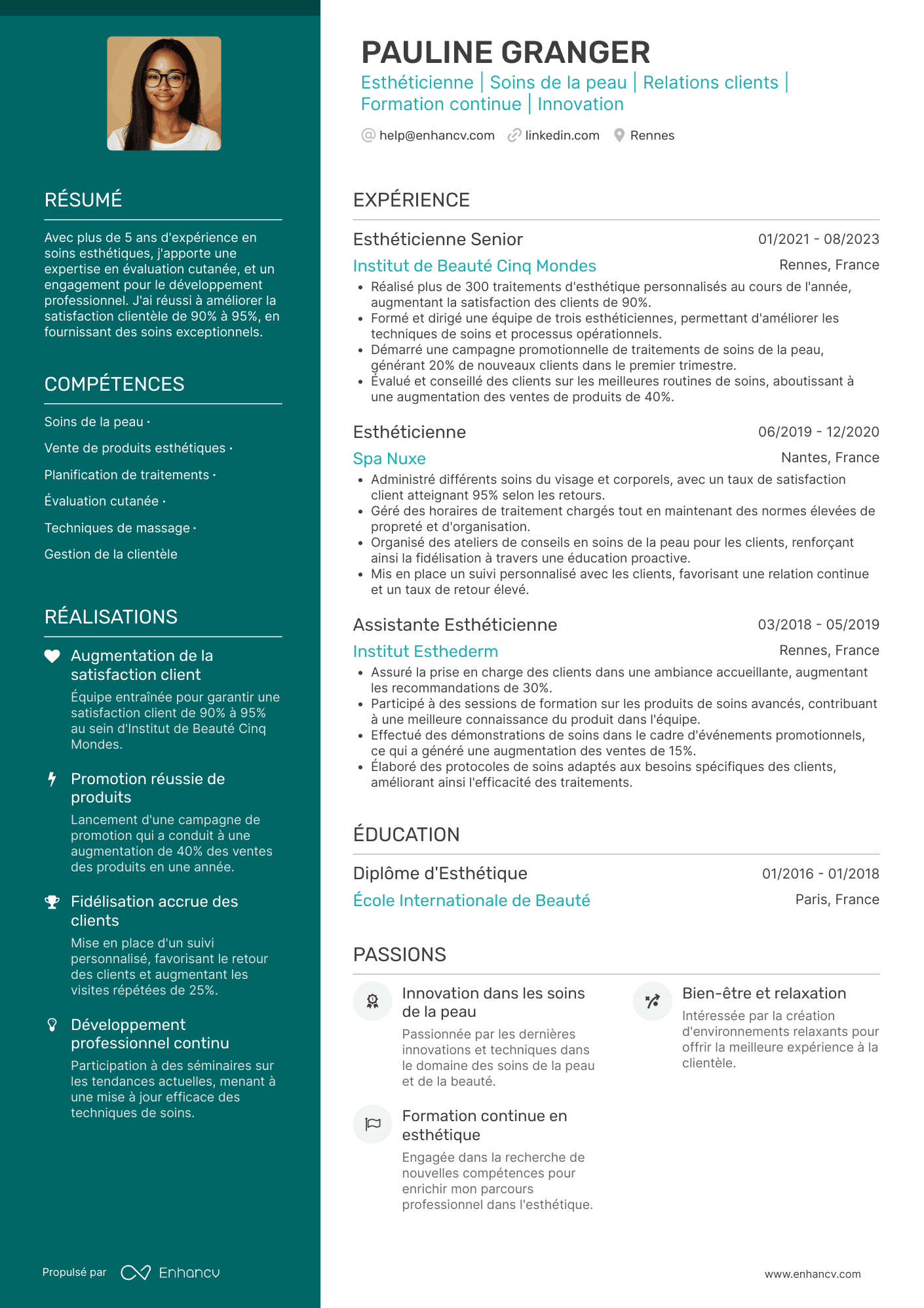 Esthéticienne en anglais Resume Example