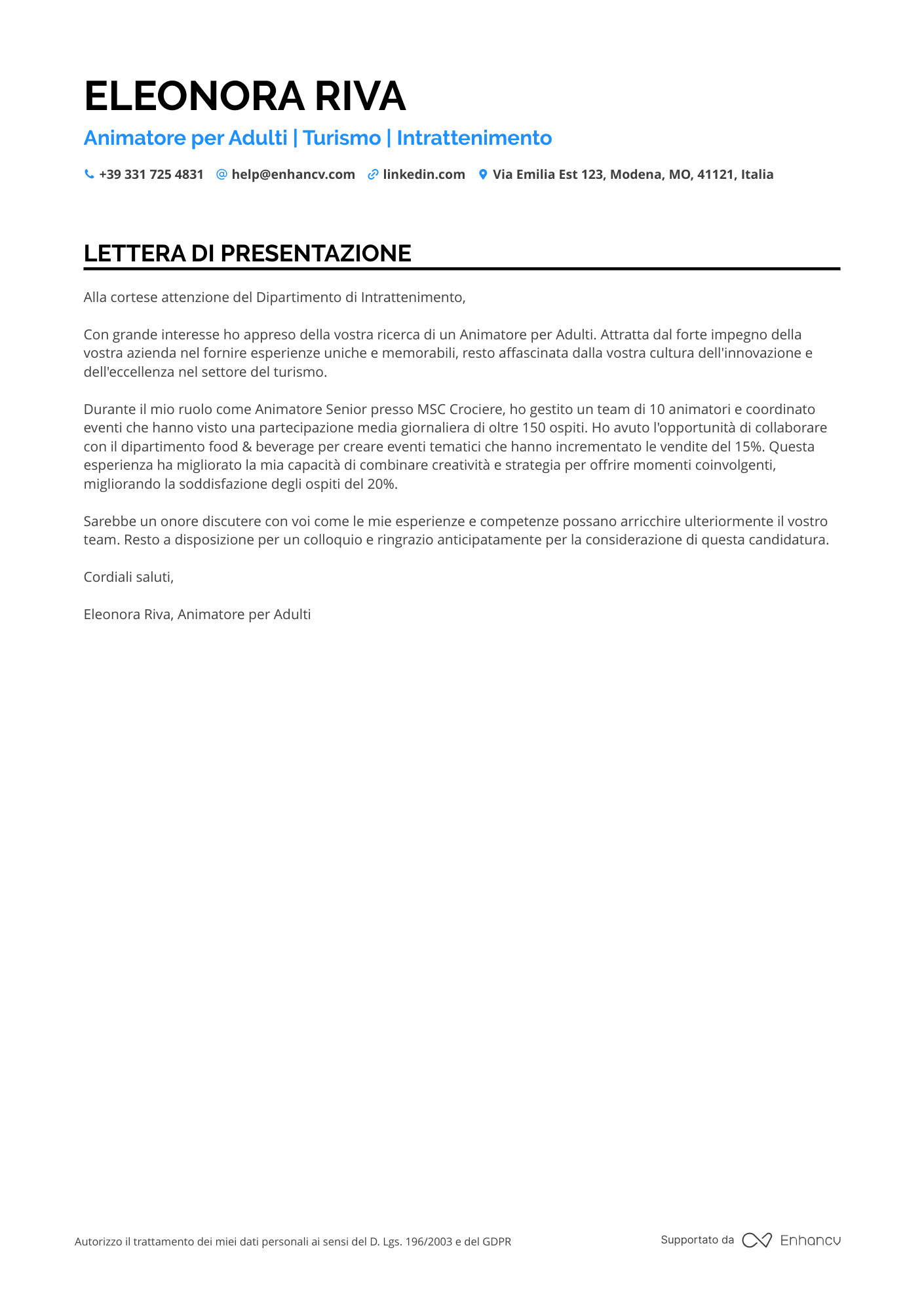 Animatore Prima Esperienza Resume Example
