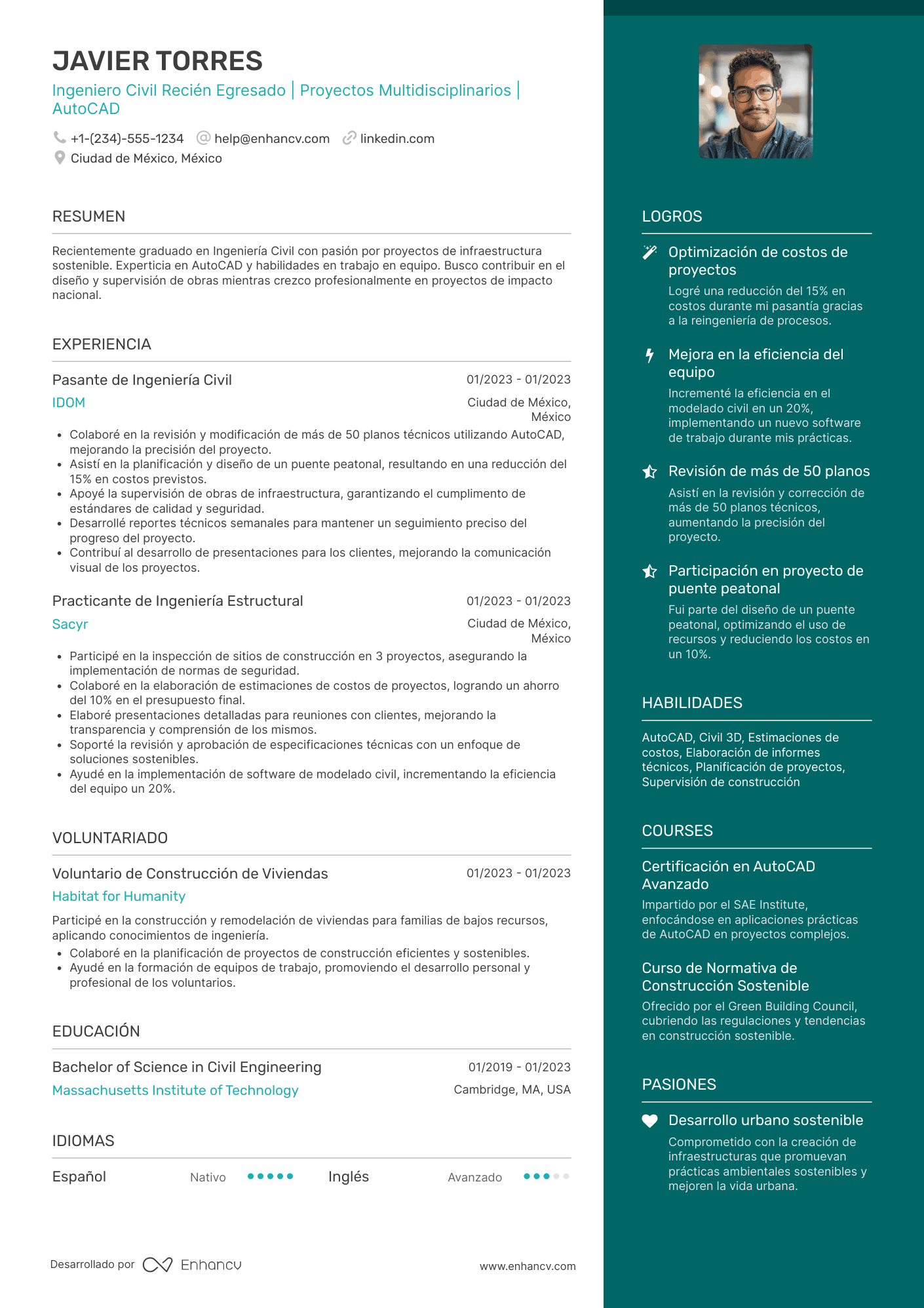 CV de ingeniero civil recién egresado Resume Example