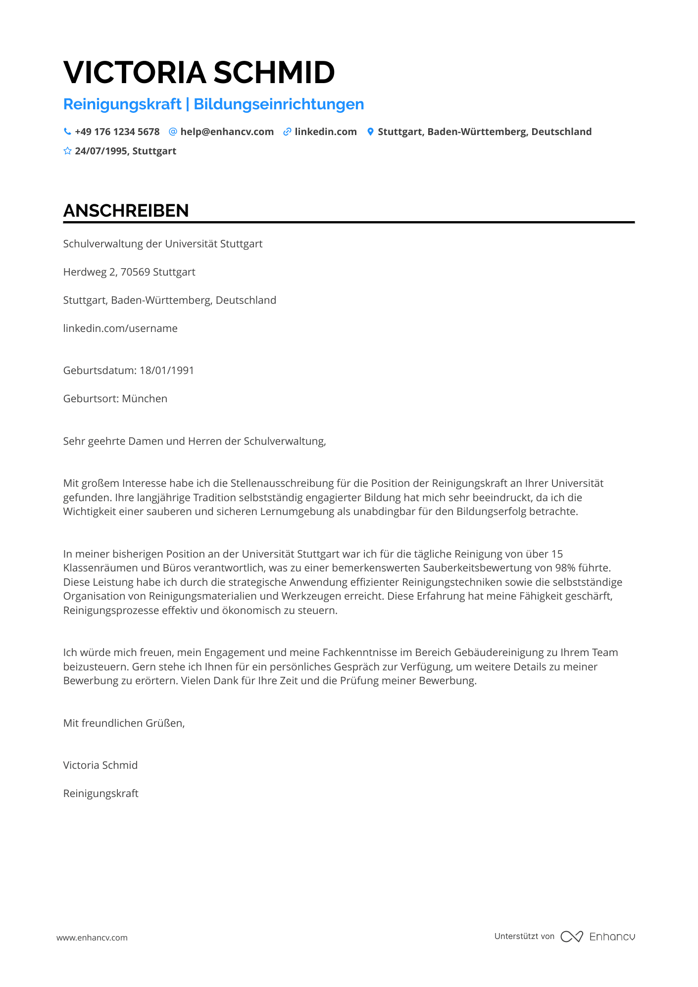 Reinigungskraft für Bildungseinrichtungen Resume Example