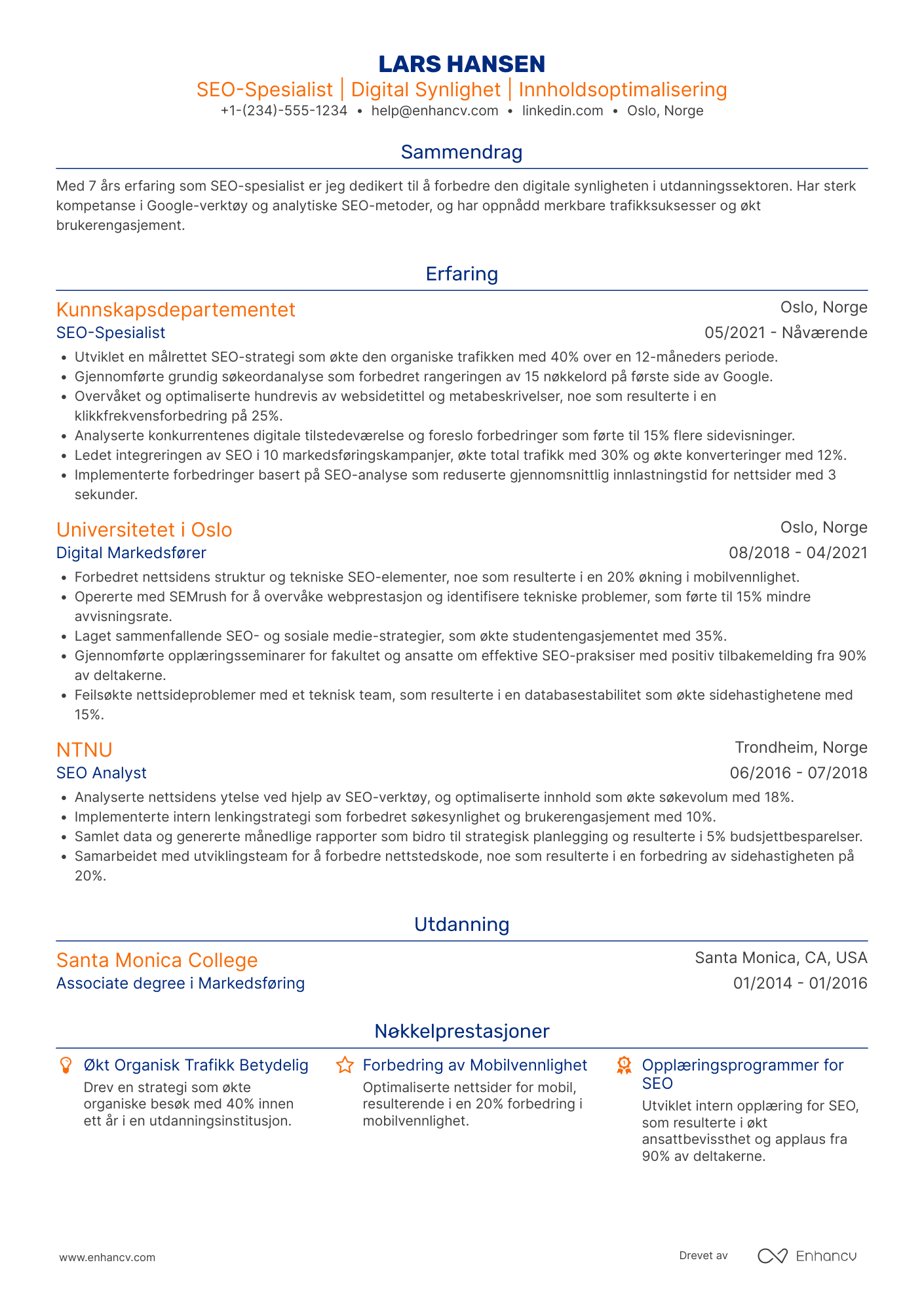 CV for SEO Spesialist i Utdanningssektoren Resume Example