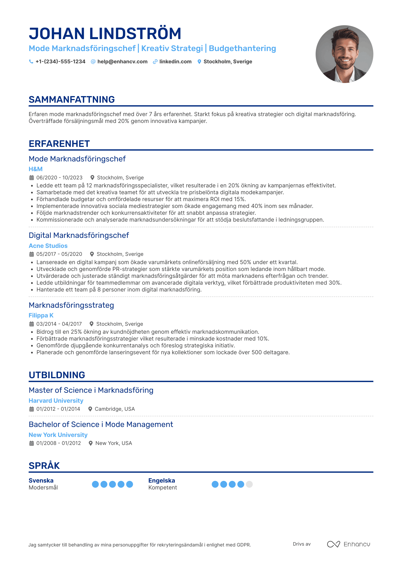 CV för Mode Marknadsföringschef Resume Example