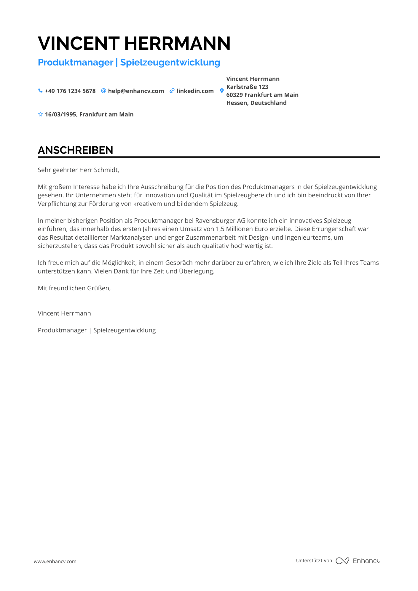 Produktmanager für Spielzeug Resume Example